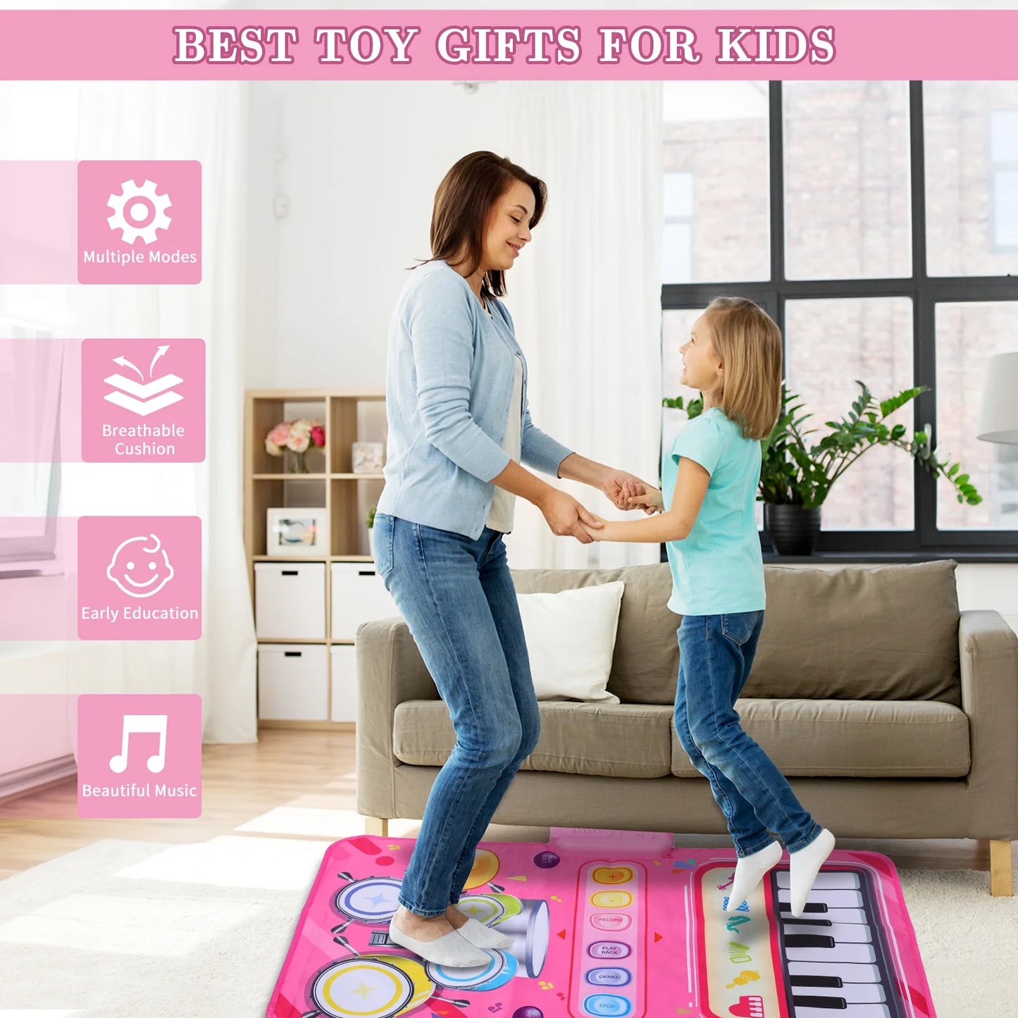 2 in 1 Piano Mat Montessori Toys for 1 Year Old Boys & Girls, Toddler Piano & Drum Mat with 2 Sticks, Learning Floor Blanket, Educational Musical Toy Gifts for Boys Girls, Age 1+, Pink