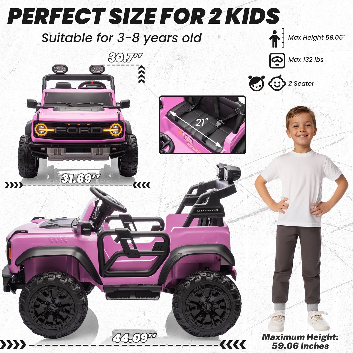 24V 2 Seater Ride on Cars for Big Kids, Licensed Ford Bronco Raptor Powered Ride on Truck with Remote Control, Spring Suspension, Bluetooth, LED Light, Ride on Toy for Ages 3-8 Boys Girls Gifts, Pink