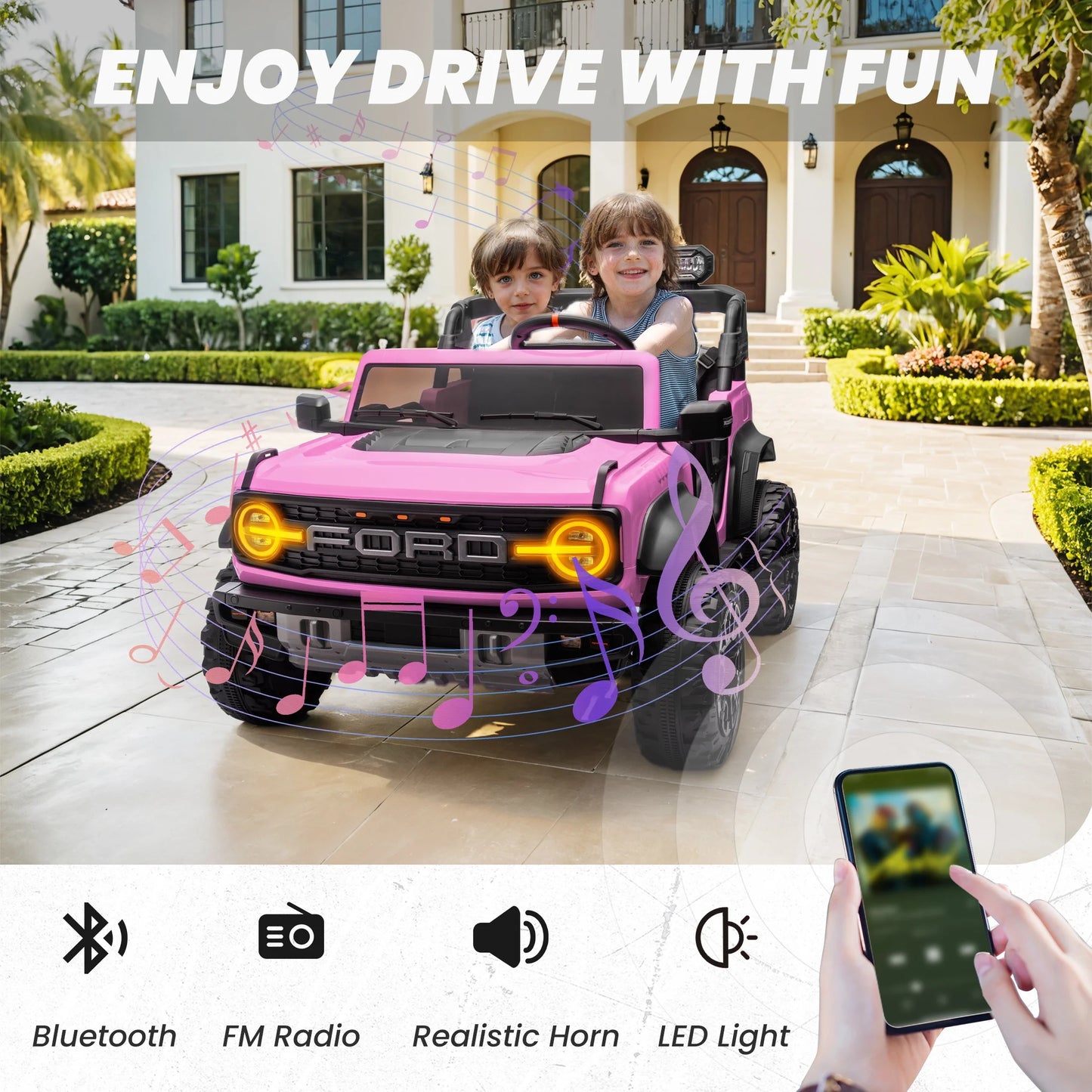 24V 2 Seater Ride on Cars for Big Kids, Licensed Ford Bronco Raptor Powered Ride on Truck with Remote Control, Spring Suspension, Bluetooth, LED Light, Ride on Toy for Ages 3-8 Boys Girls Gifts, Pink
