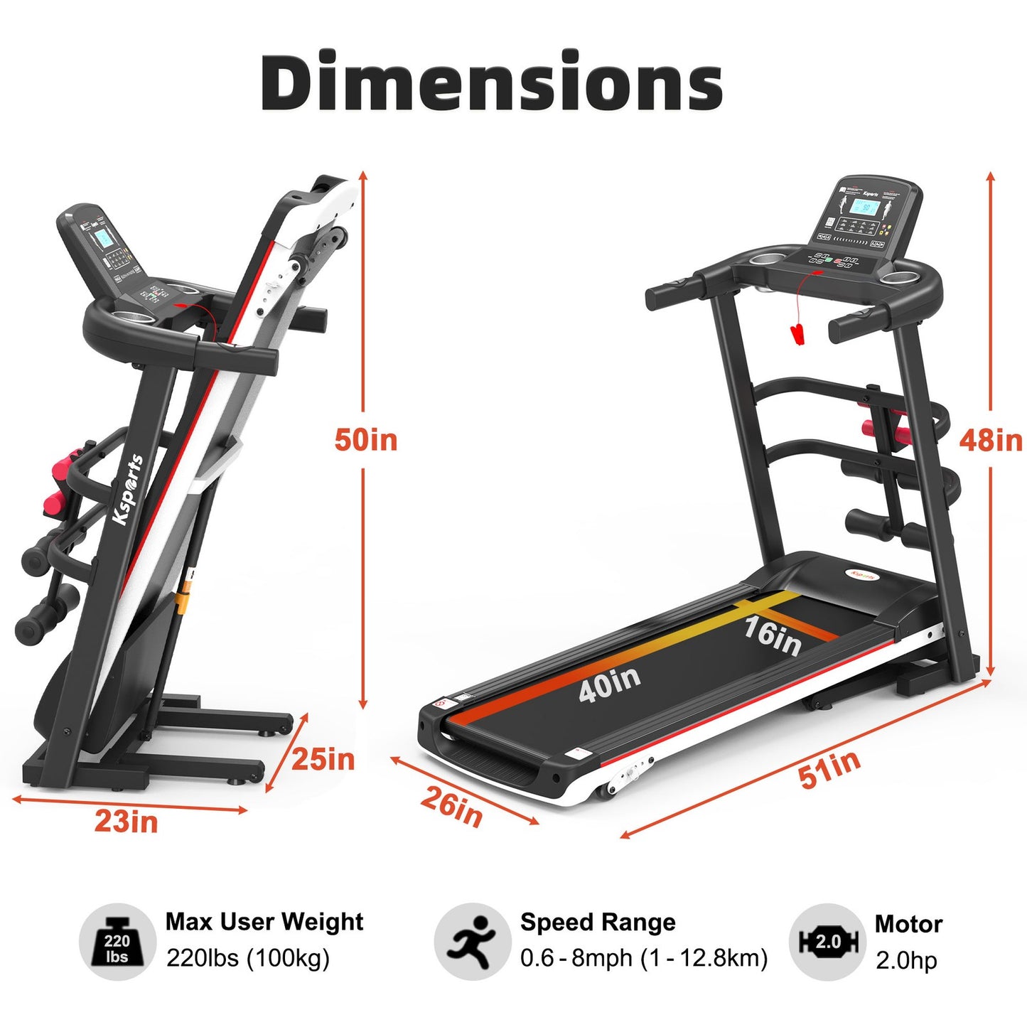 Ksports 16 Inch Wide Foldable Home Treadmill W/ Bluetooth & Fitness Tracking App