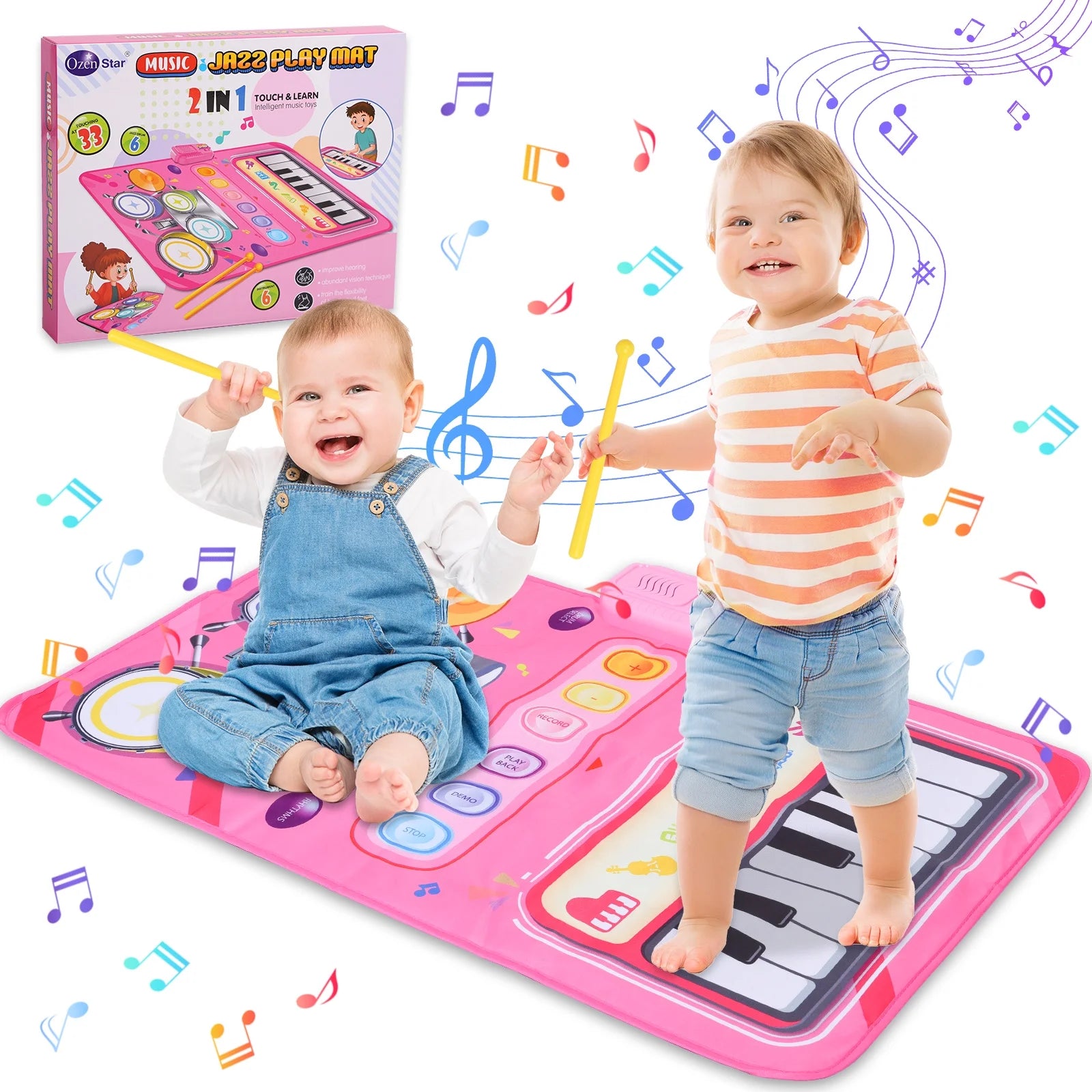 2 in 1 Piano Mat Montessori Toys for 1 Year Old Boys & Girls, Toddler Piano & Drum Mat with 2 Sticks, Learning Floor Blanket, Educational Musical Toy Gifts for Boys Girls, Age 1+, Pink