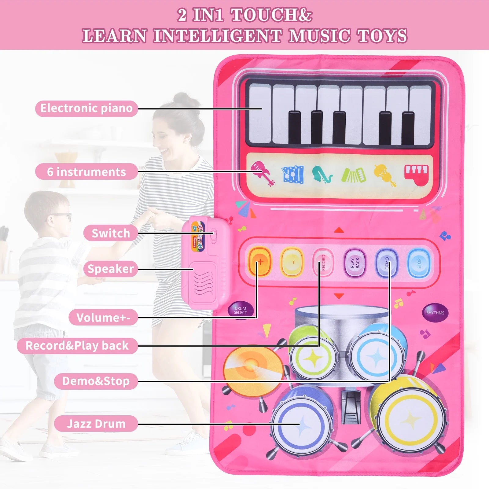 2 in 1 Piano Mat Montessori Toys for 1 Year Old Boys & Girls, Toddler Piano & Drum Mat with 2 Sticks, Learning Floor Blanket, Educational Musical Toy Gifts for Boys Girls, Age 1+, Pink