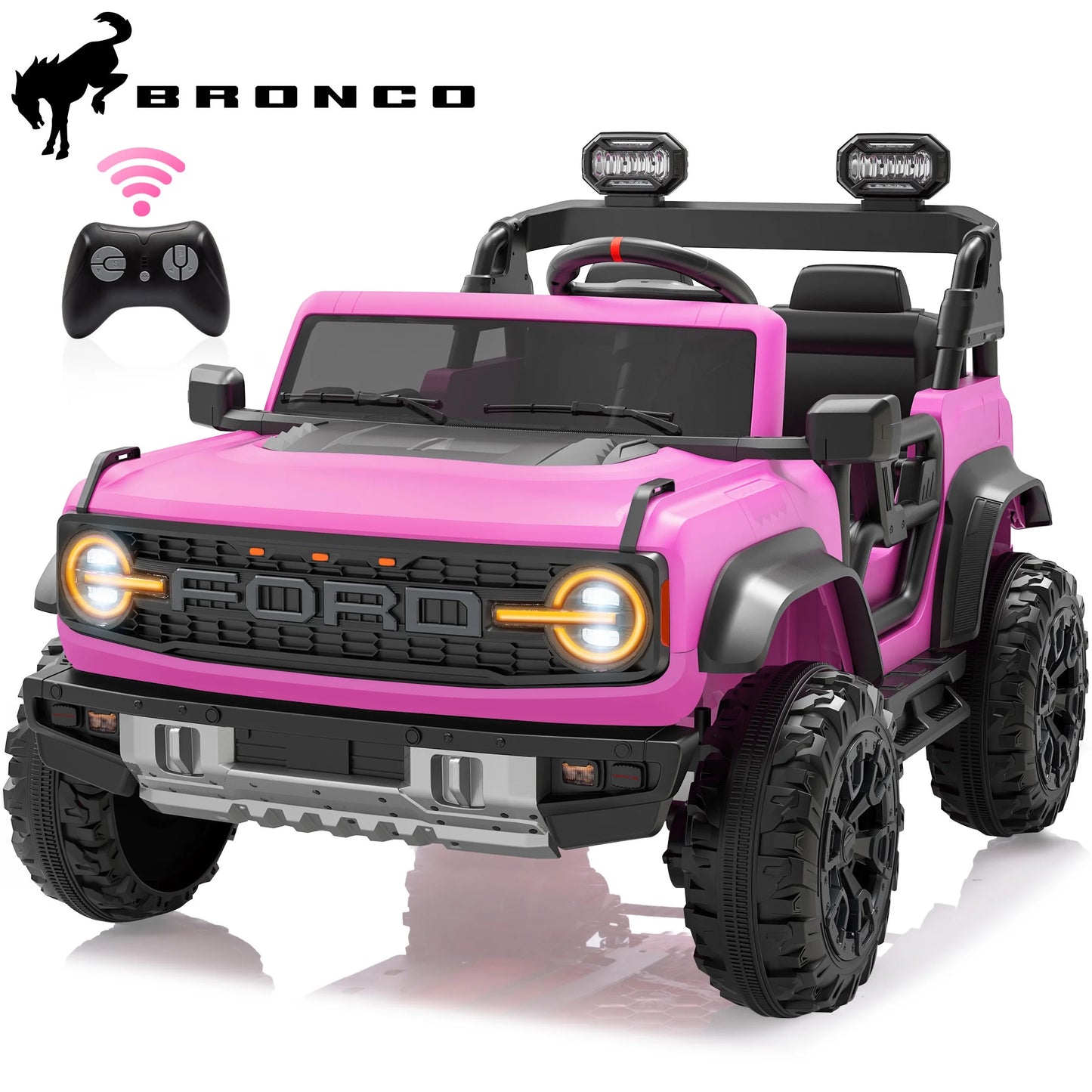24V 2 Seater Ride on Cars for Big Kids, Licensed Ford Bronco Raptor Powered Ride on Truck with Remote Control, Spring Suspension, Bluetooth, LED Light, Ride on Toy for Ages 3-8 Boys Girls Gifts, Pink