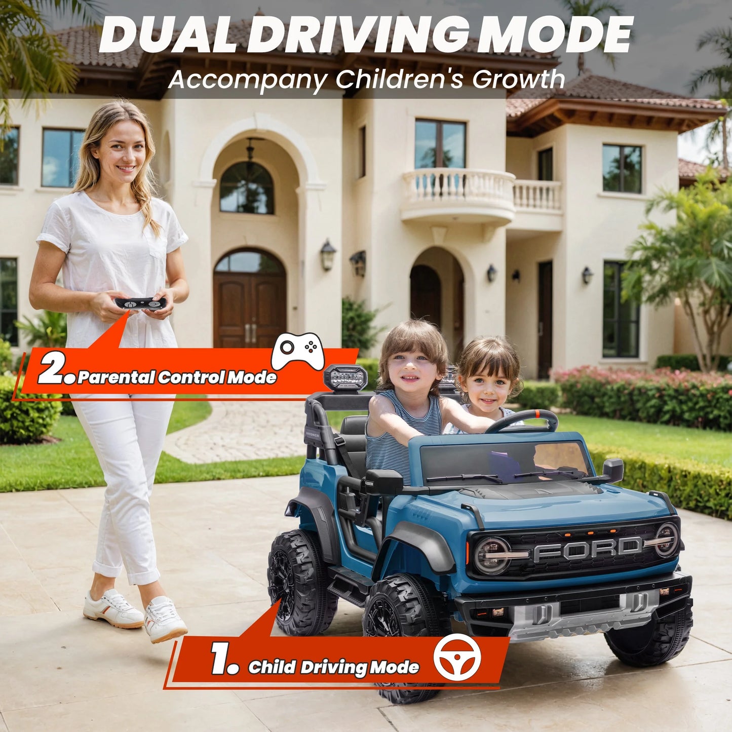 24V 2 Seater Ride on Cars for Big Kids, Licensed Ford Bronco Raptor Powered Ride on Truck with Remote Control, Spring Suspension, Bluetooth, LED Light, Ride on Toy for Ages 3-8 Boys Girls Gifts, Blue