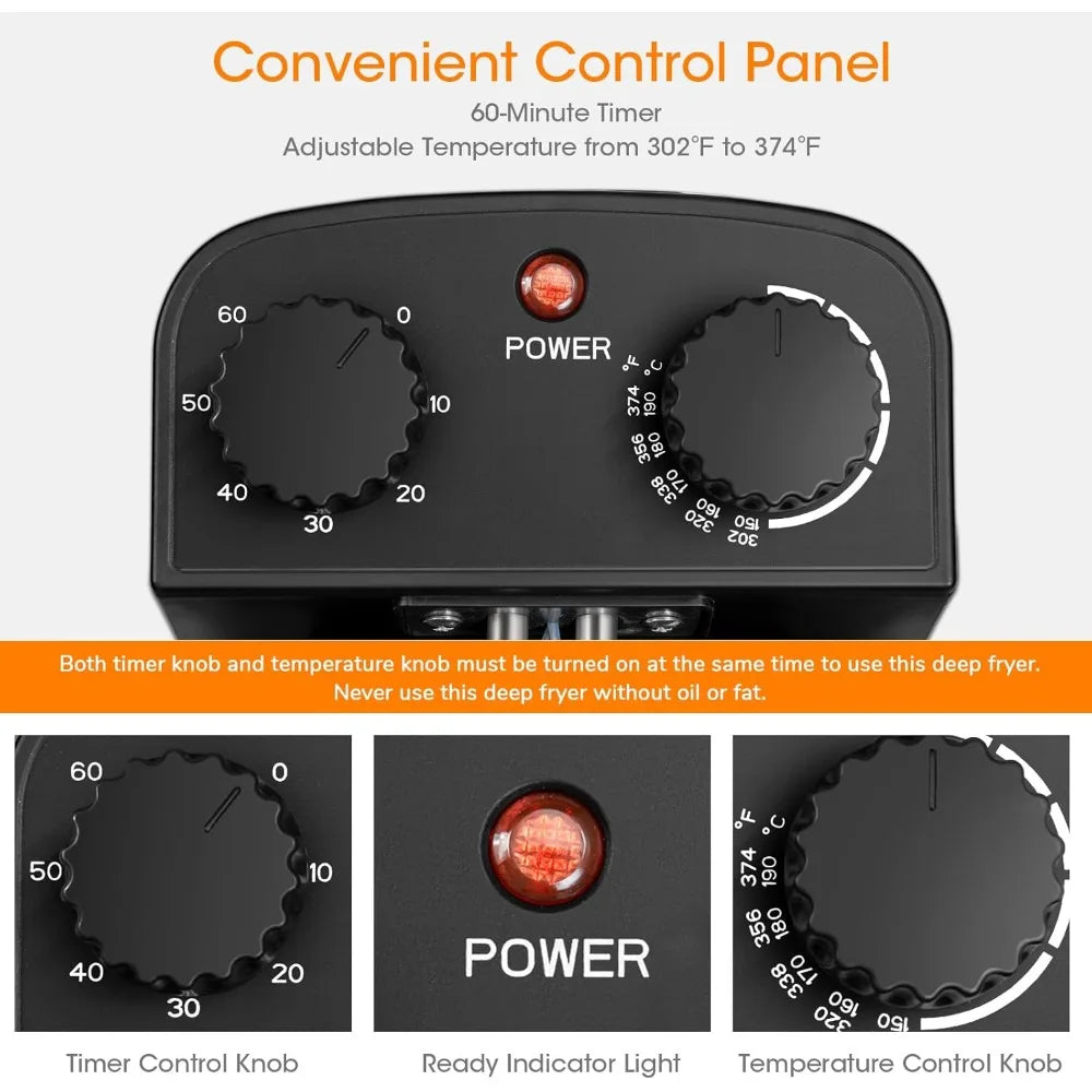 1700W Electric Deep Fryer, 3 Baskets, 5.3QT Capacity, Home Use with Large Oil Tank and Transparent Lid