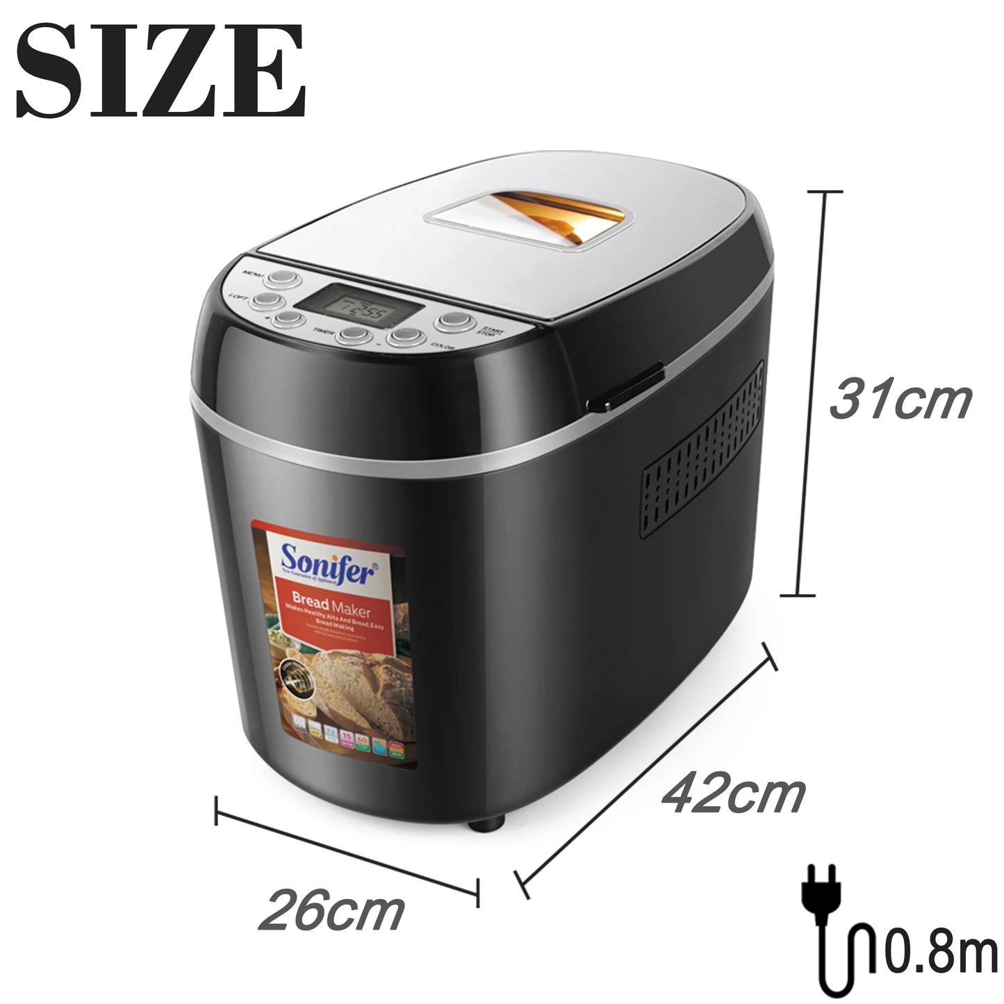 1.3kg Automatic Bread Machine 870w Programmable Bread Maker 15-hour Pre-set Timer Control Panel With Lcd Display Sonifer