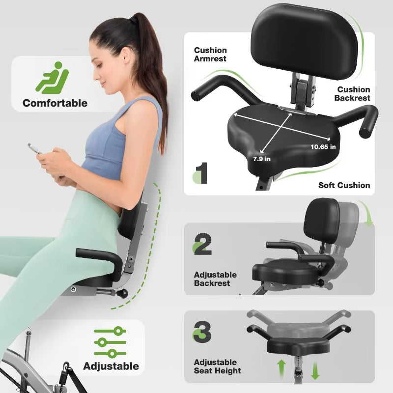 Exercise Bike, 5 in 1 Foldable Stationary Bike for Seniors, 8-Level Adjustable Magentic Resistance, Indoor Recumbent Bike