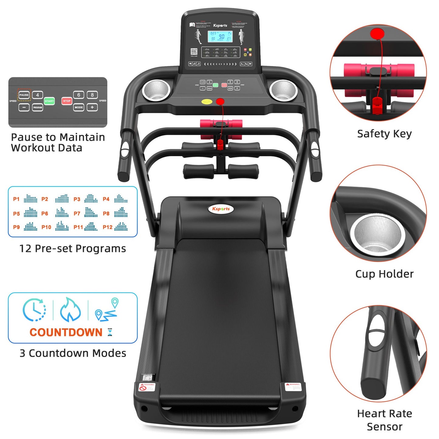 Ksports 16 Inch Wide Foldable Home Treadmill W/ Bluetooth & Fitness Tracking App