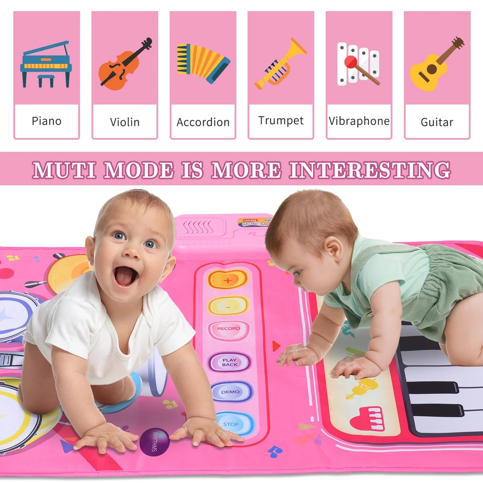 2 in 1 Piano Mat Montessori Toys for 1 Year Old Boys & Girls, Toddler Piano & Drum Mat with 2 Sticks, Learning Floor Blanket, Educational Musical Toy Gifts for Boys Girls, Age 1+, Pink