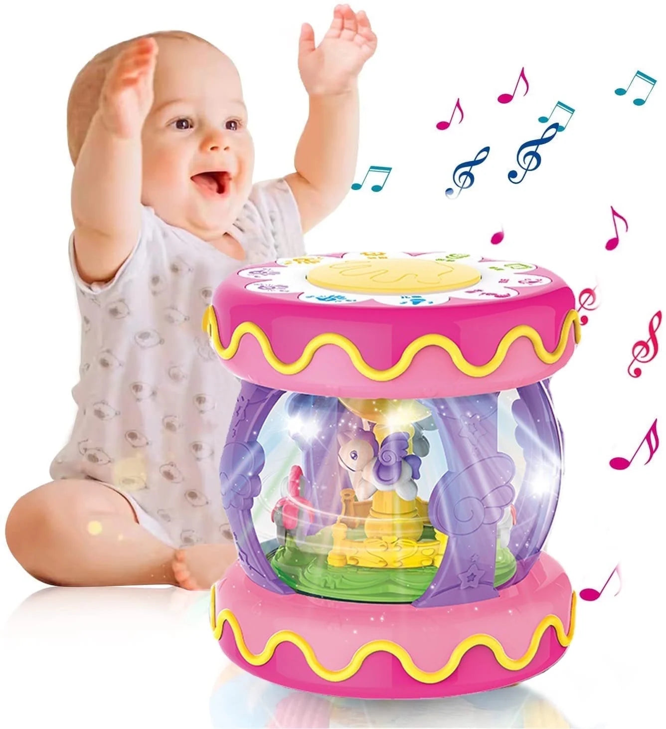 Baby Toys 6-12 Months,Rotating Light up Musical Drum Toys for Kids 1 Year Old Christmas Gifts