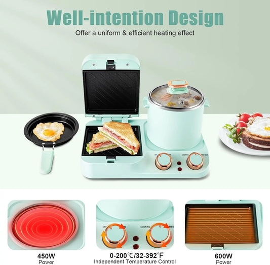 3-in-1 Breakfast Station, Household Breakfast Maker with Electric Mini Toaster, Breakfast Sandwich Maker with Frying Pan, Boilin