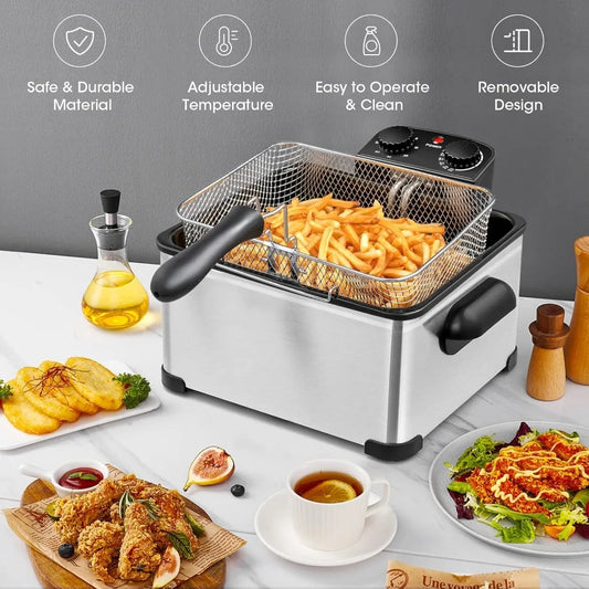 1700W Electric Deep Fryer, 3 Baskets, 5.3QT Capacity, Home Use with Large Oil Tank and Transparent Lid