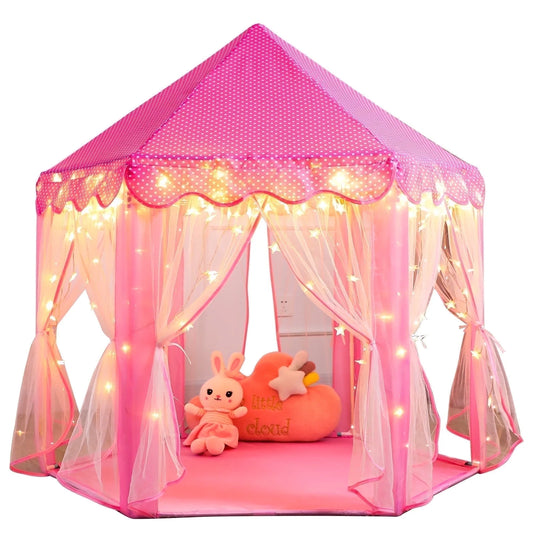 Princess Castle Kids Play Tent Toys for 3-12 Years Indoor Girls Hexagon Playhouse with Star Lights