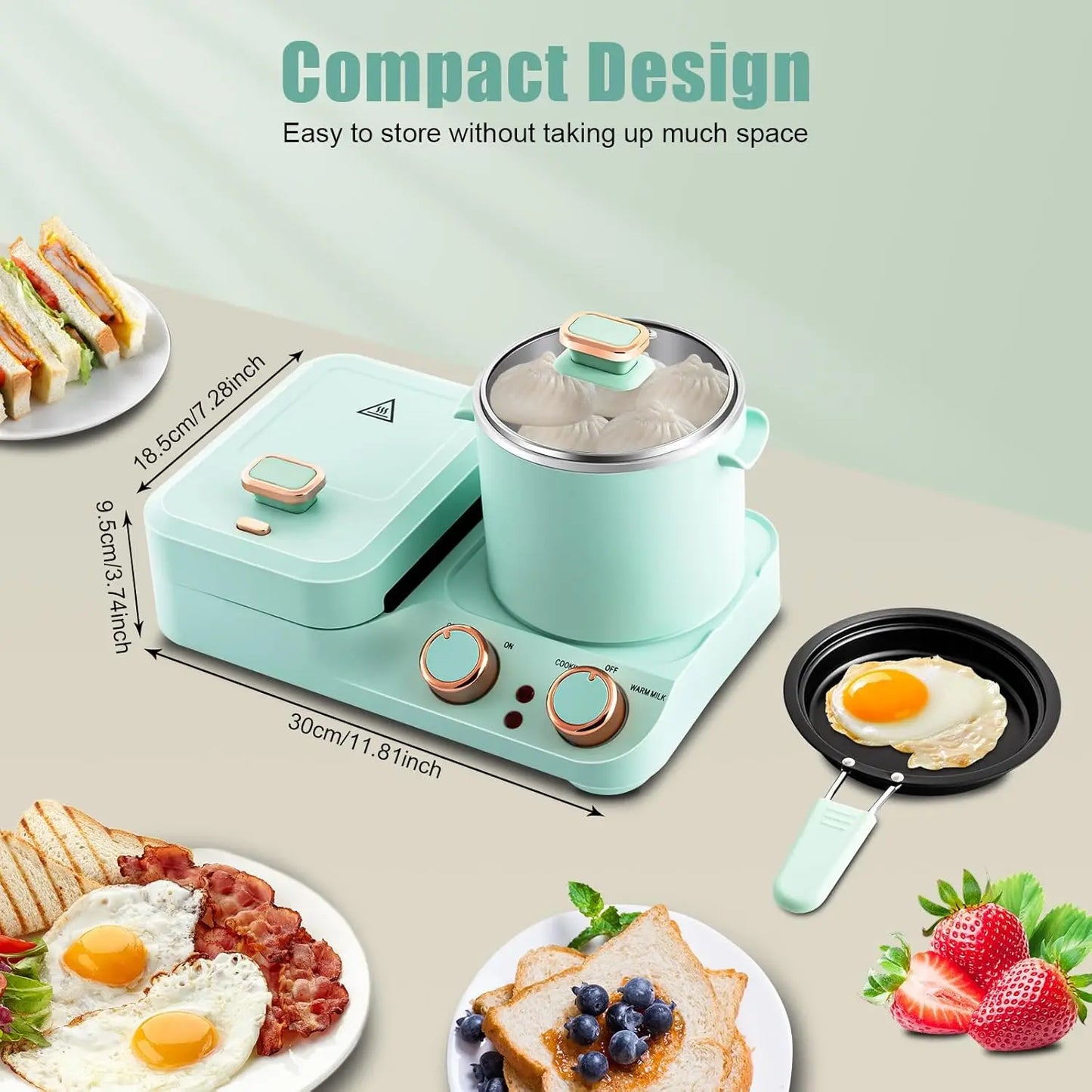 3-in-1 Breakfast Station, Household Breakfast Maker with Electric Mini Toaster, Breakfast Sandwich Maker with Frying Pan, Boilin