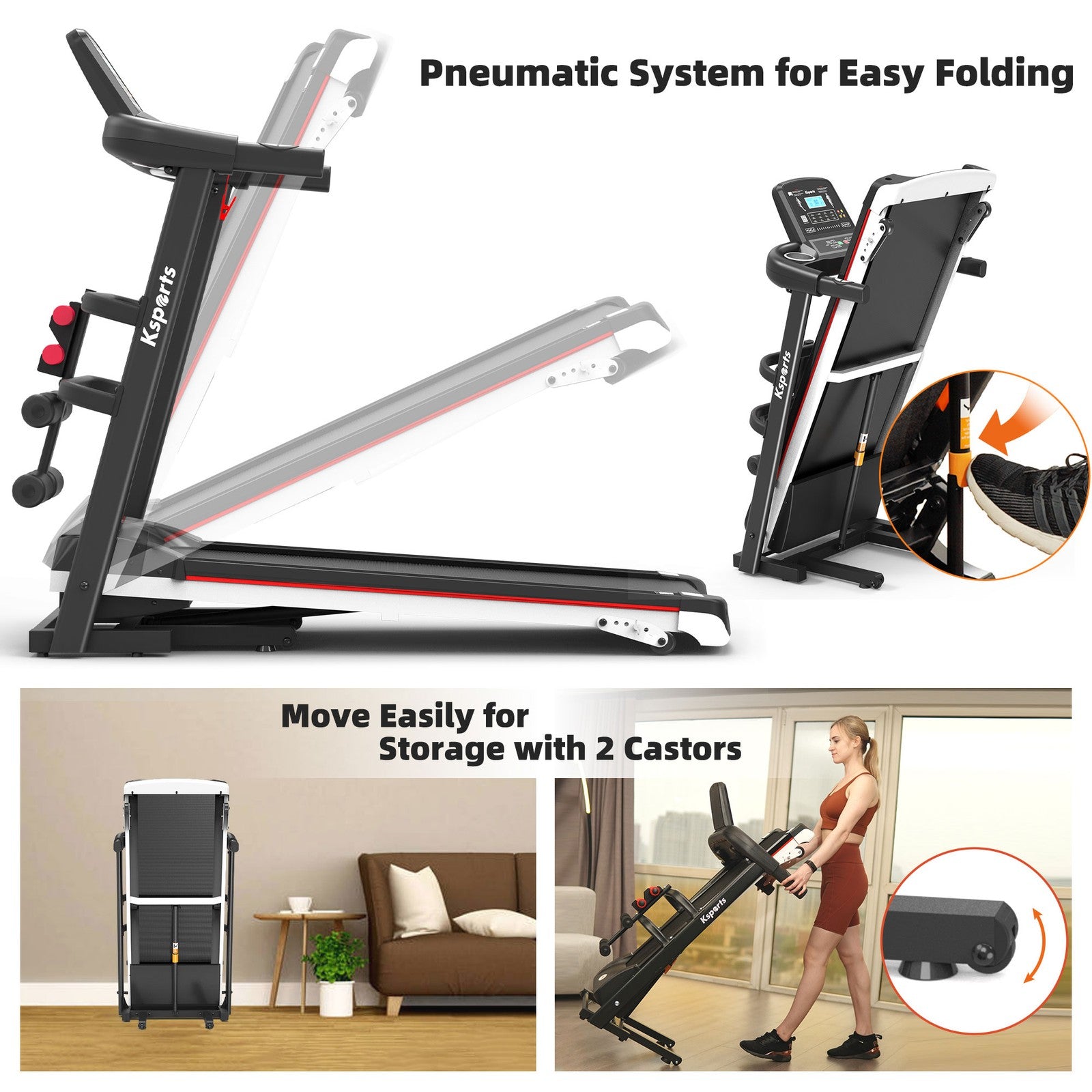 Ksports 16 Inch Wide Foldable Home Treadmill W/ Bluetooth & Fitness Tracking App