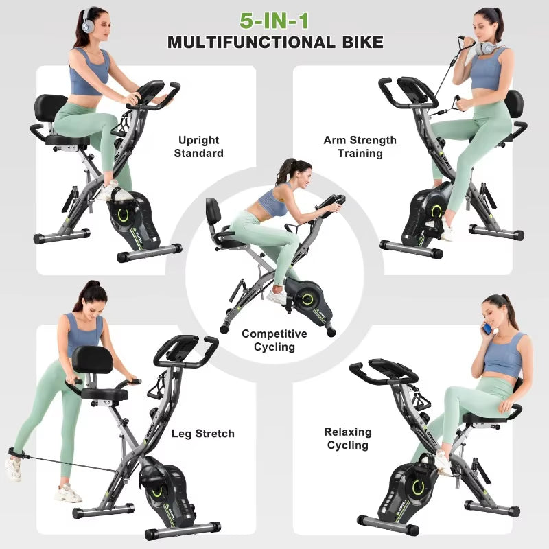 Exercise Bike, 5 in 1 Foldable Stationary Bike for Seniors, 8-Level Adjustable Magentic Resistance, Indoor Recumbent Bike