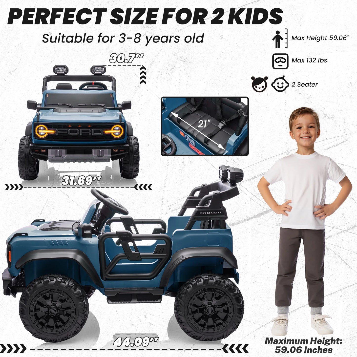 24V 2 Seater Ride on Cars for Big Kids, Licensed Ford Bronco Raptor Powered Ride on Truck with Remote Control, Spring Suspension, Bluetooth, LED Light, Ride on Toy for Ages 3-8 Boys Girls Gifts, Blue