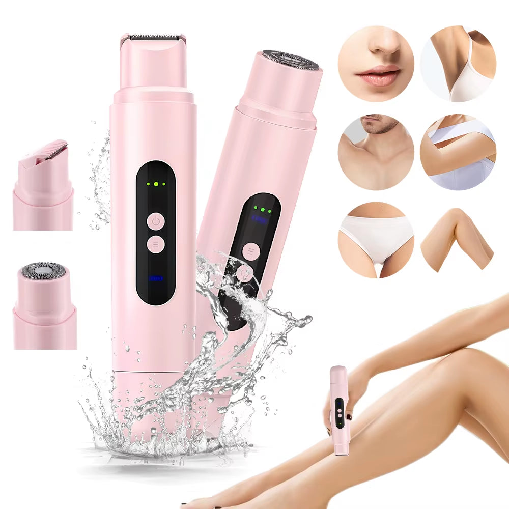 Electric Shaver for Women IPX7 Waterproof Wet Dry Bikini Hair Trimmer 2 in 1 Double Head Detachable Razor Safe 360° Quick Trim