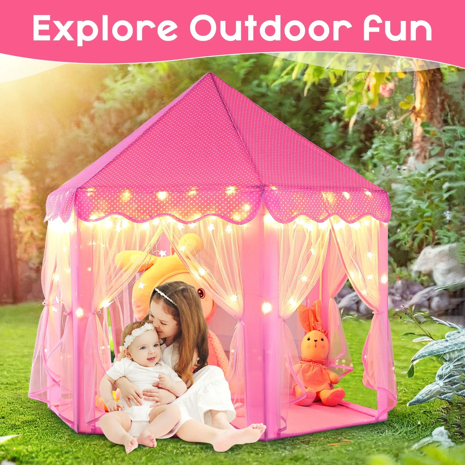 Princess Castle Kids Play Tent Toys for 3-12 Years Indoor Girls Hexagon Playhouse with Star Lights