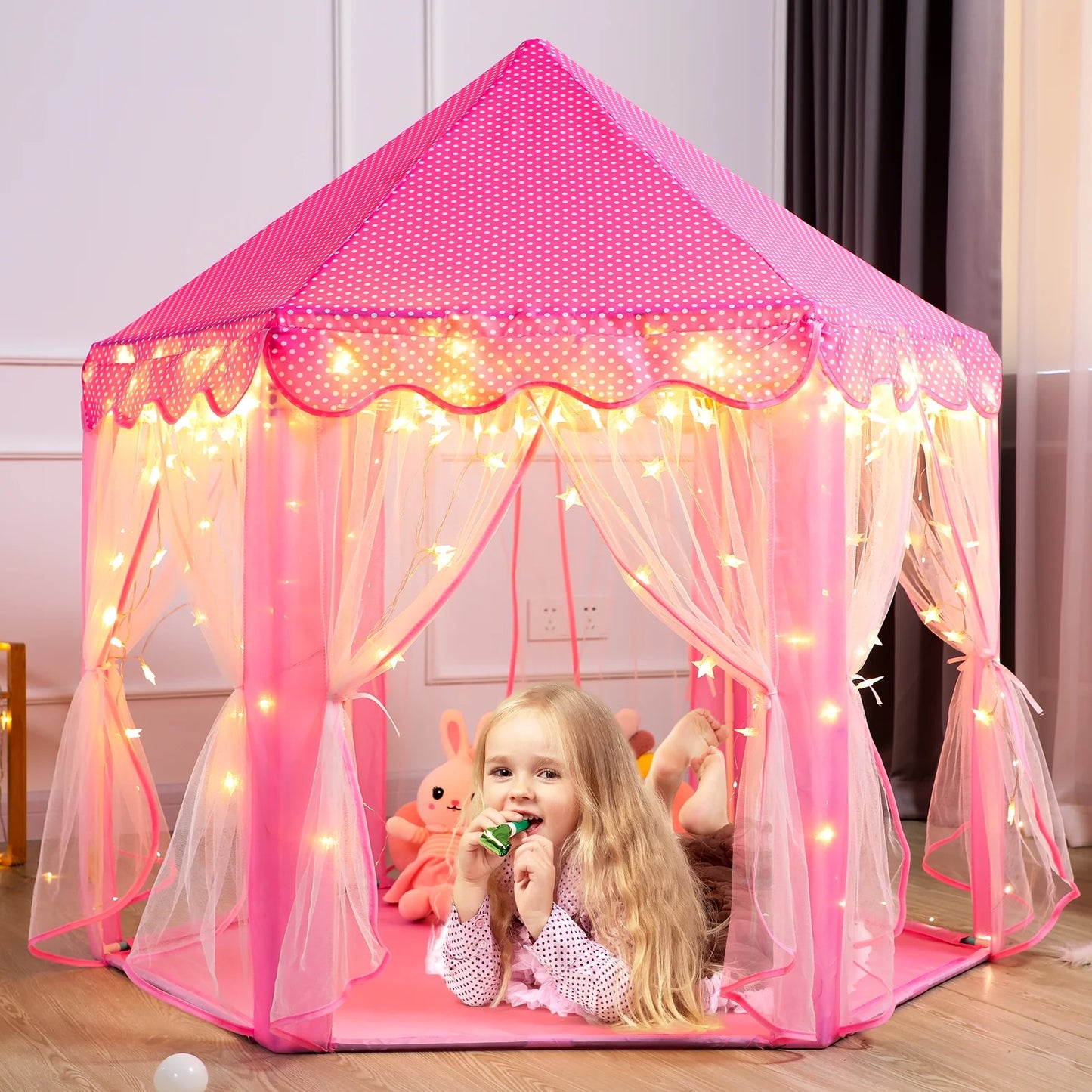 Princess Castle Kids Play Tent Toys for 3-12 Years Indoor Girls Hexagon Playhouse with Star Lights