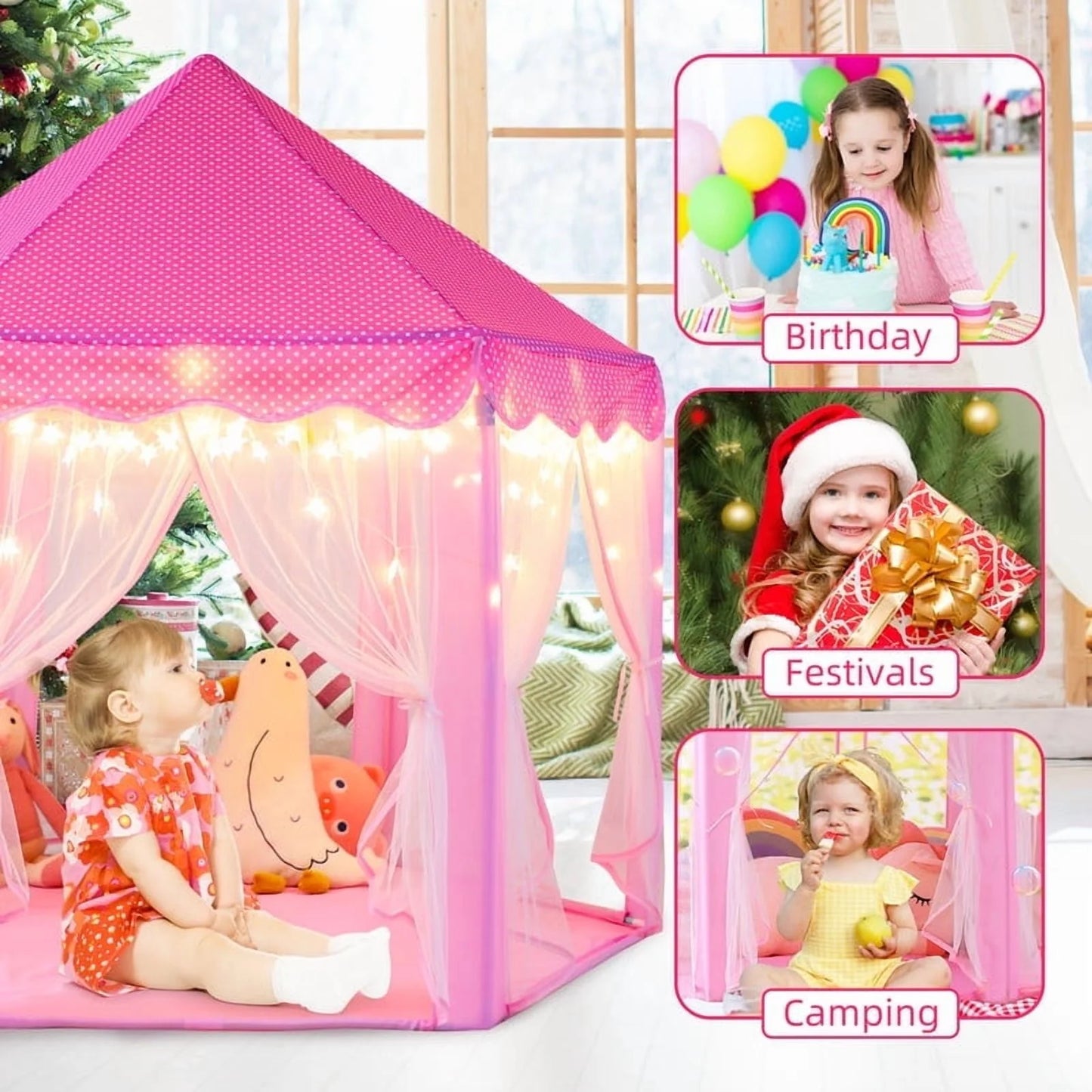 Princess Castle Kids Play Tent Toys for 3-12 Years Indoor Girls Hexagon Playhouse with Star Lights