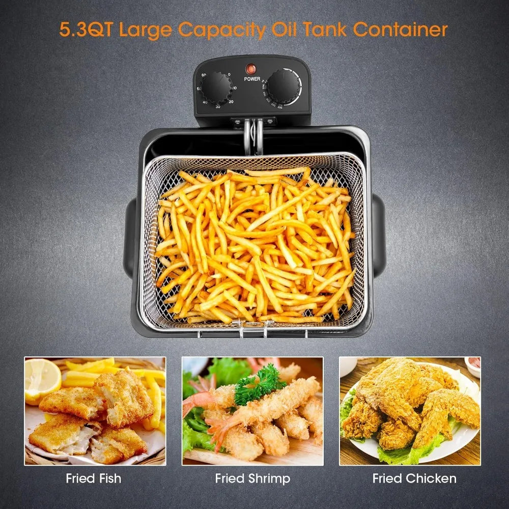 1700W Electric Deep Fryer, 3 Baskets, 5.3QT Capacity, Home Use with Large Oil Tank and Transparent Lid
