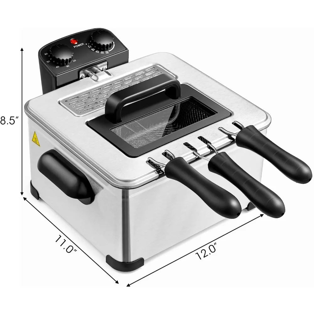1700W Electric Deep Fryer, 3 Baskets, 5.3QT Capacity, Home Use with Large Oil Tank and Transparent Lid