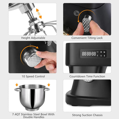 7.4QT Household Stand Mixer 800W with Aluminum Die Casting Mixers Kitchen Electric Stand Mixer Metal Dough Mixer