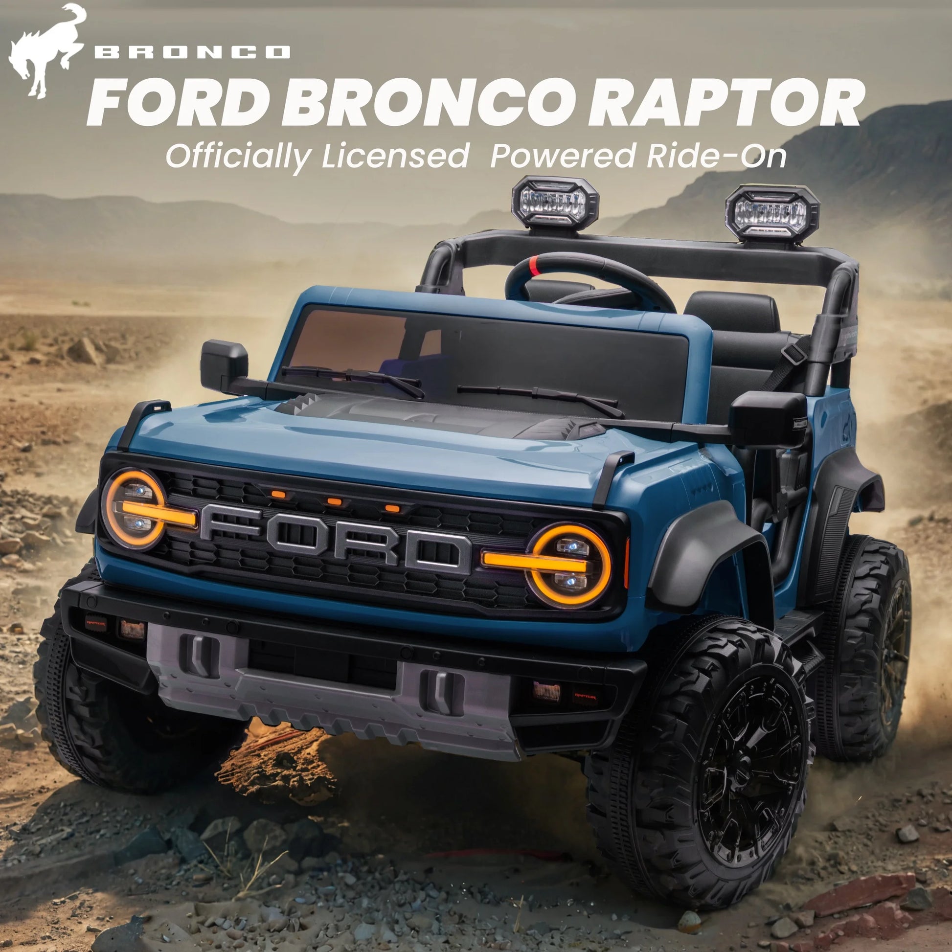 24V 2 Seater Ride on Cars for Big Kids, Licensed Ford Bronco Raptor Powered Ride on Truck with Remote Control, Spring Suspension, Bluetooth, LED Light, Ride on Toy for Ages 3-8 Boys Girls Gifts, Blue