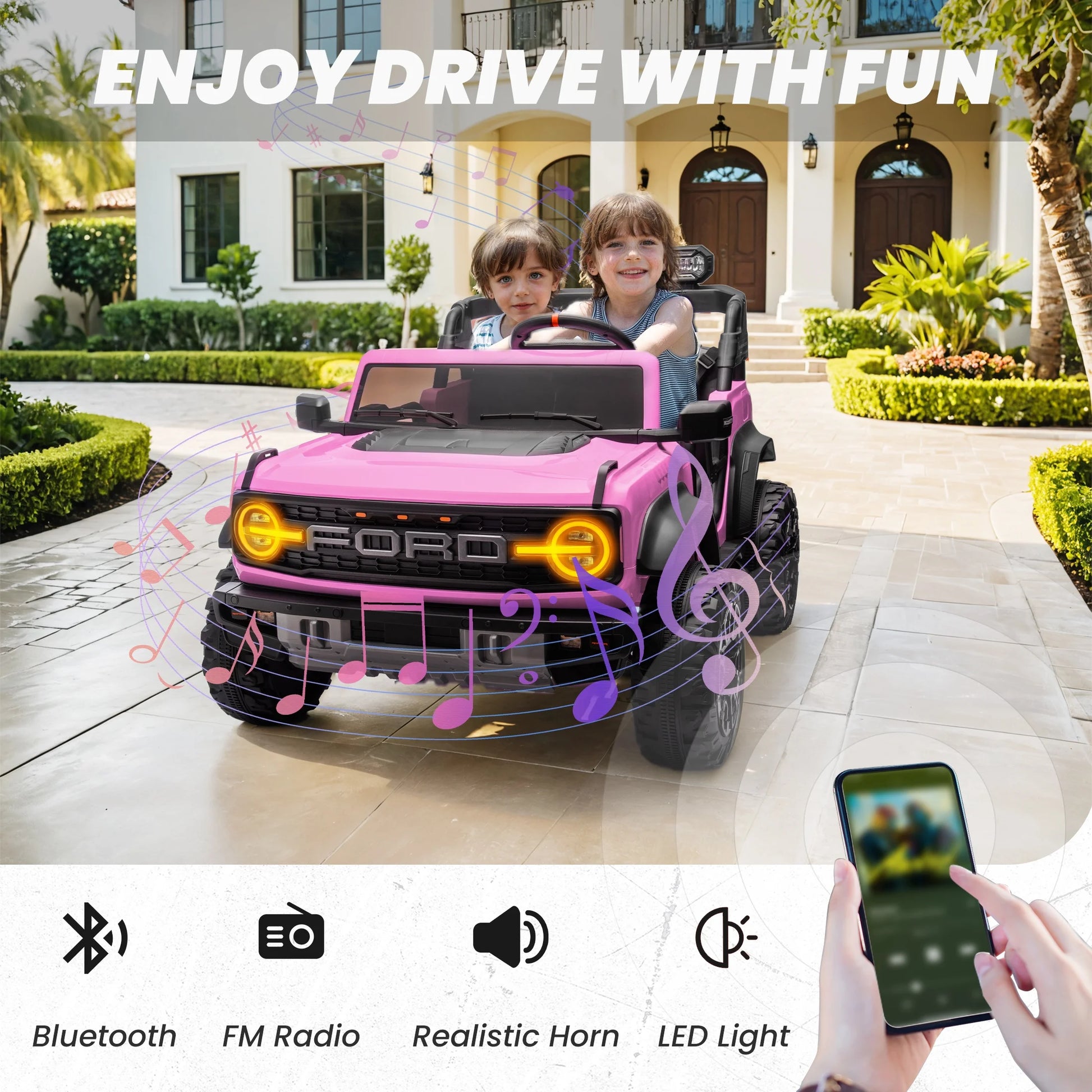 24V 2 Seater Ride on Cars for Big Kids, Licensed Ford Bronco Raptor Powered Ride on Truck with Remote Control, Spring Suspension, Bluetooth, LED Light, Ride on Toy for Ages 3-8 Boys Girls Gifts, Pink
