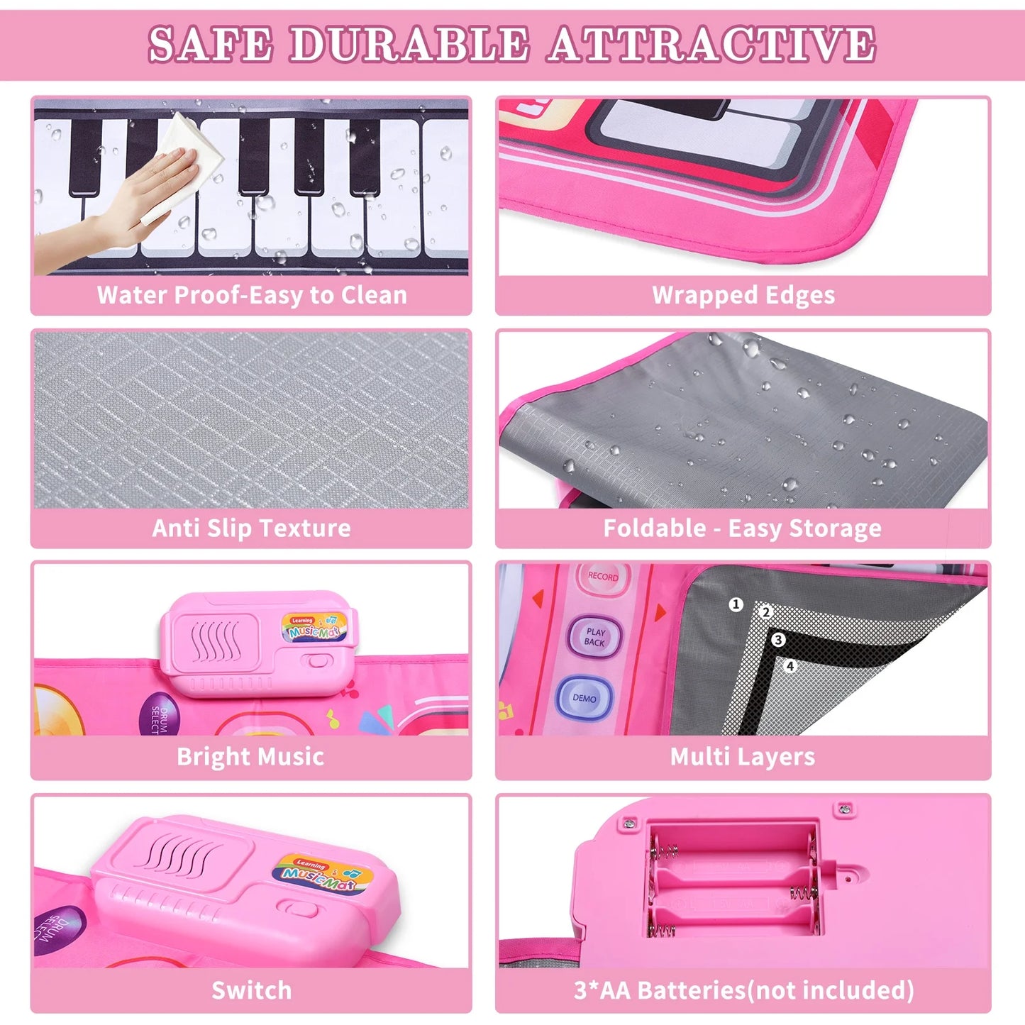 2 in 1 Piano Mat Montessori Toys for 1 Year Old Boys & Girls, Toddler Piano & Drum Mat with 2 Sticks, Learning Floor Blanket, Educational Musical Toy Gifts for Boys Girls, Age 1+, Pink