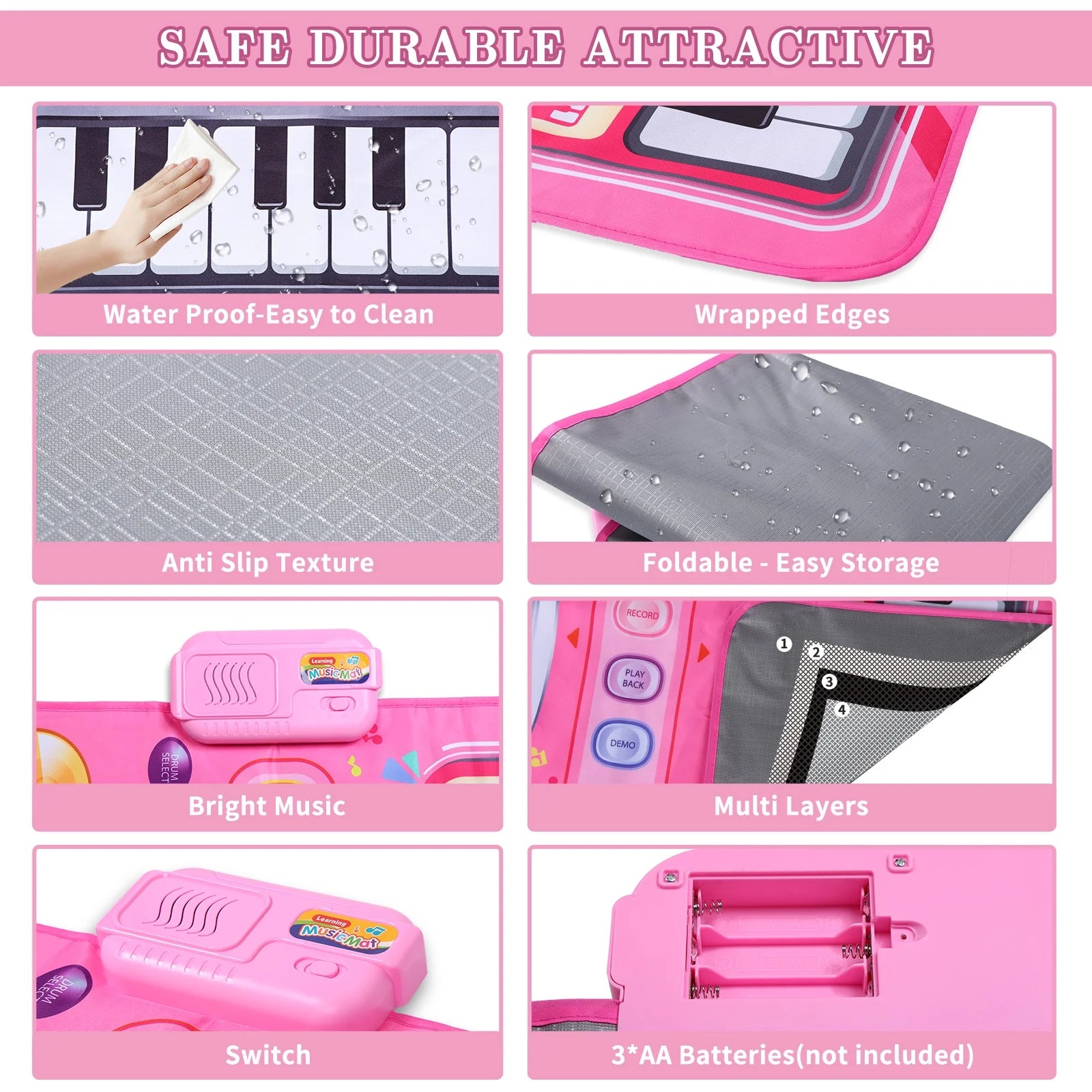 2 in 1 Piano Mat Montessori Toys for 1 Year Old Boys & Girls, Toddler Piano & Drum Mat with 2 Sticks, Learning Floor Blanket, Educational Musical Toy Gifts for Boys Girls, Age 1+, Pink