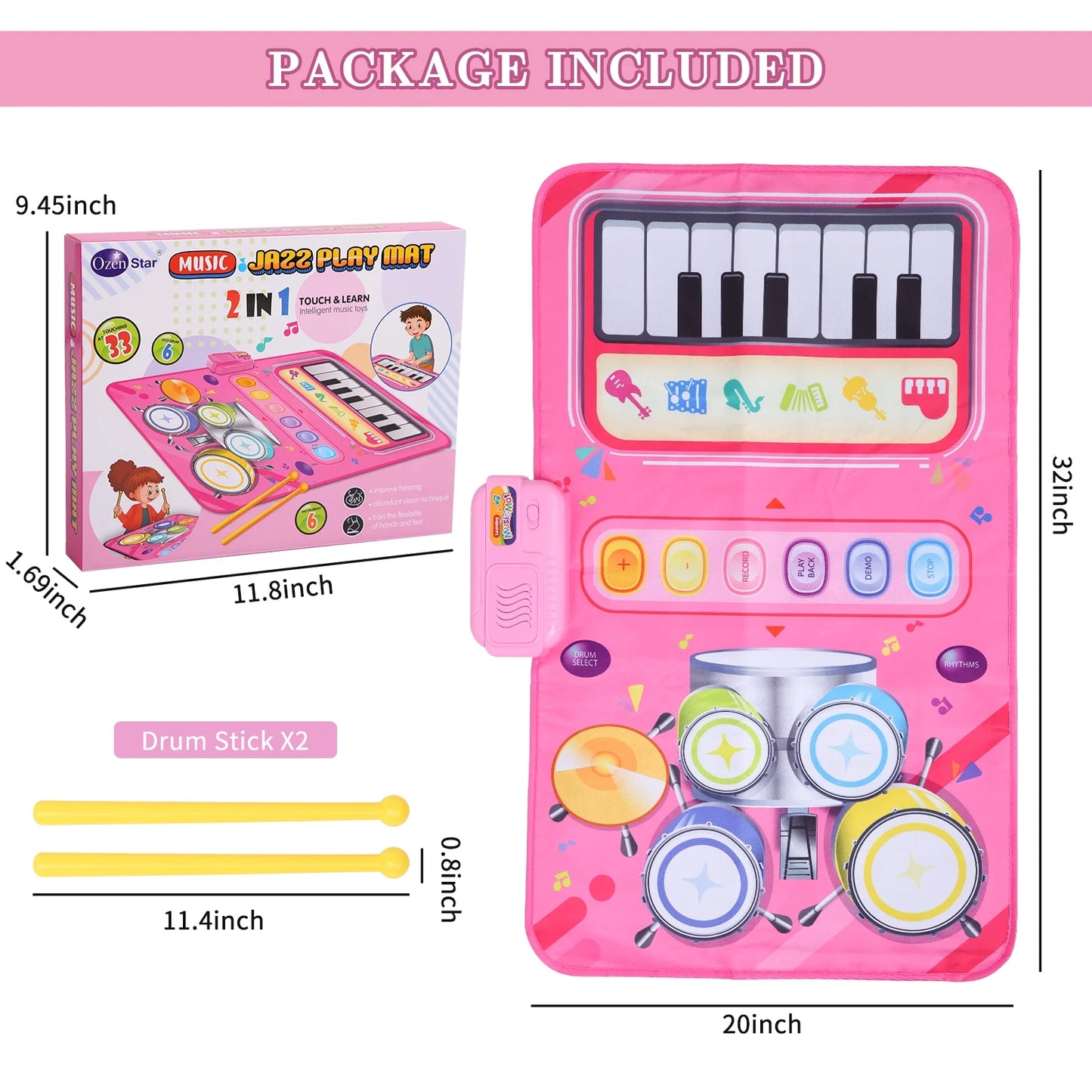 2 in 1 Piano Mat Montessori Toys for 1 Year Old Boys & Girls, Toddler Piano & Drum Mat with 2 Sticks, Learning Floor Blanket, Educational Musical Toy Gifts for Boys Girls, Age 1+, Pink