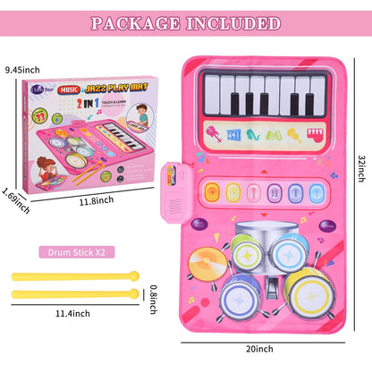 2 in 1 Piano Mat Montessori Toys for 1 Year Old Boys & Girls, Toddler Piano & Drum Mat with 2 Sticks, Learning Floor Blanket, Educational Musical Toy Gifts for Boys Girls, Age 1+, Pink