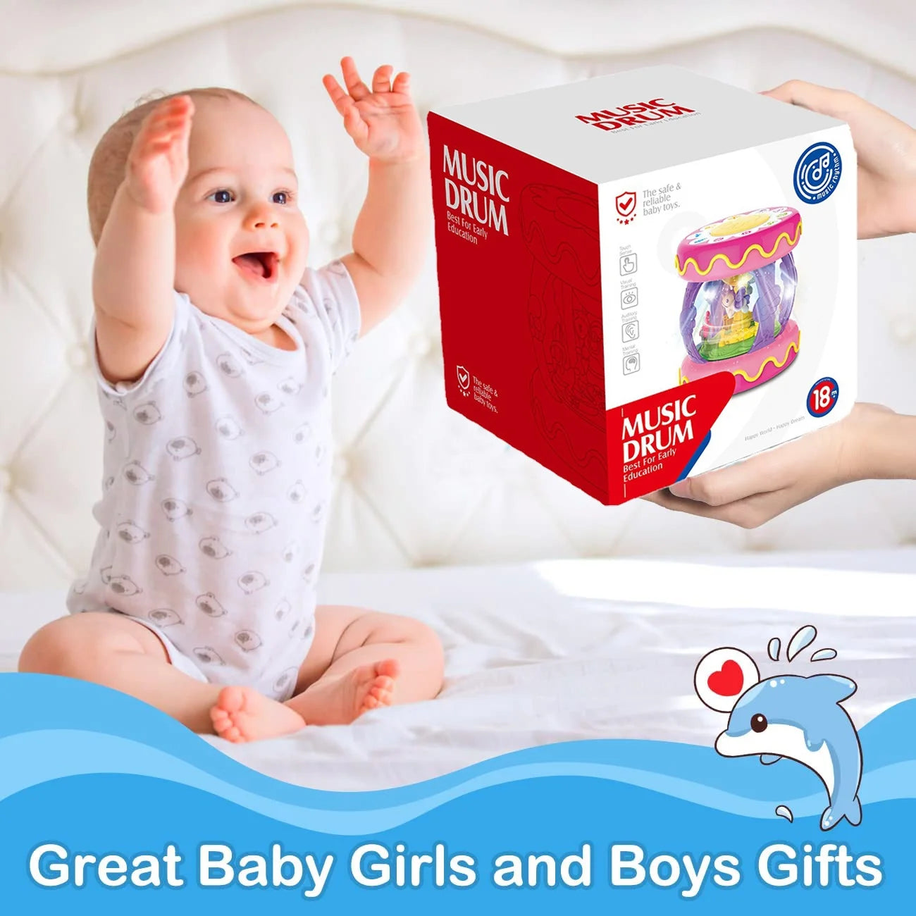 Baby Toys 6-12 Months,Rotating Light up Musical Drum Toys for Kids 1 Year Old Christmas Gifts