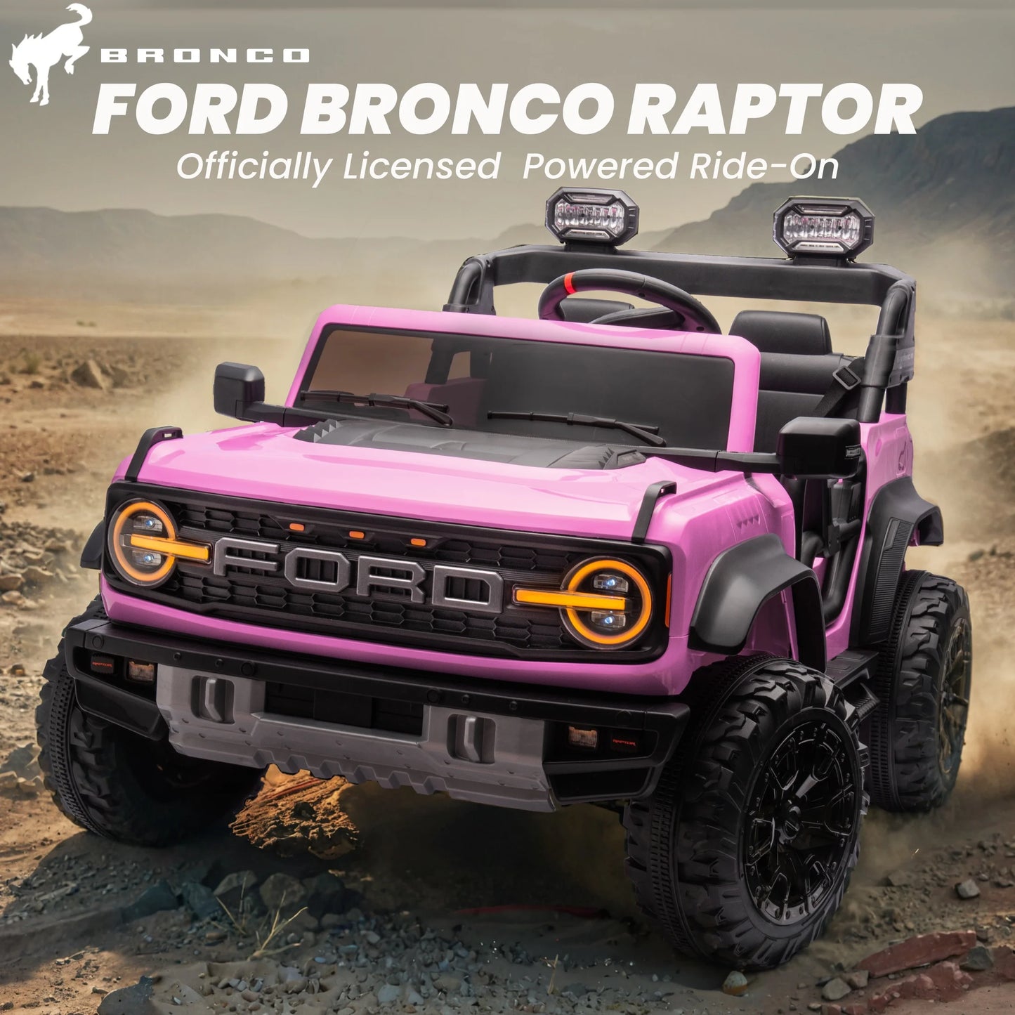 24V 2 Seater Ride on Cars for Big Kids, Licensed Ford Bronco Raptor Powered Ride on Truck with Remote Control, Spring Suspension, Bluetooth, LED Light, Ride on Toy for Ages 3-8 Boys Girls Gifts, Pink