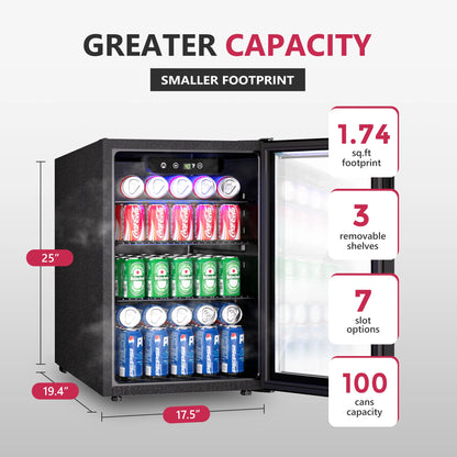 Beverage Refrigerator 2.7 cu.ft 100 Can Mini Fridge for Beer Drinks Wines Freestanding Fridge Blue LED for Home Office Dorm Bar