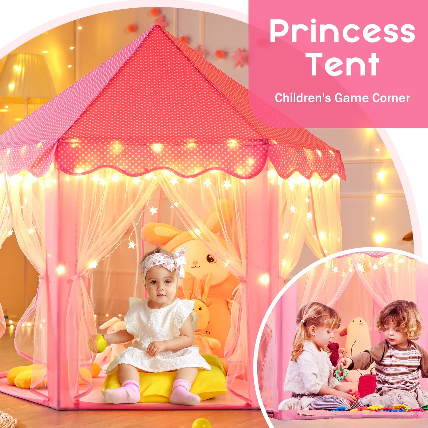 Princess Castle Kids Play Tent Toys for 3-12 Years Indoor Girls Hexagon Playhouse with Star Lights