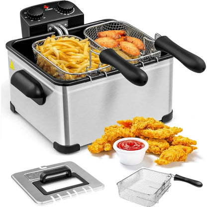 1700W Electric Deep Fryer, 3 Baskets, 5.3QT Capacity, Home Use with Large Oil Tank and Transparent Lid