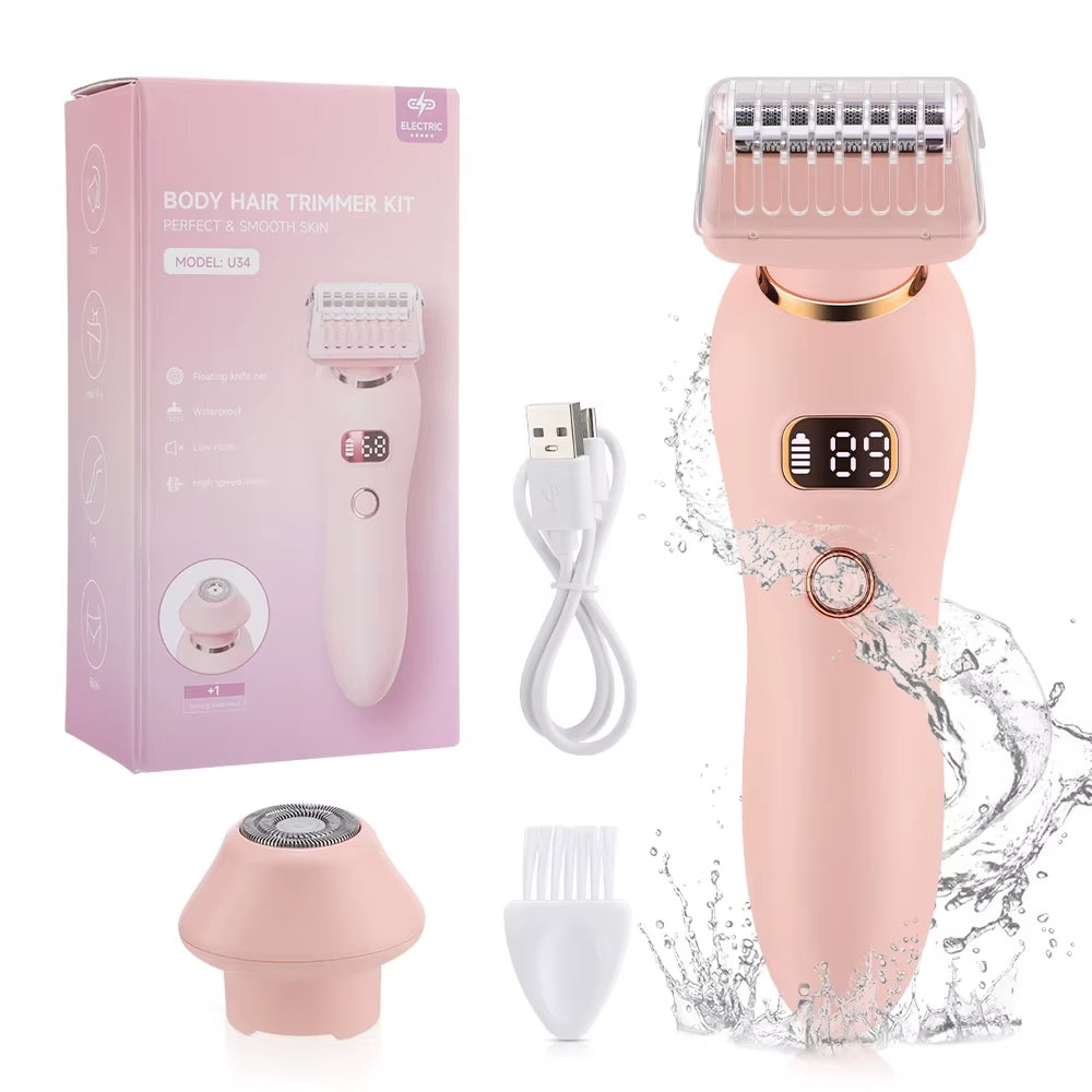 Electric Shaver for Women IPX7 Waterproof Wet Dry Bikini Hair Trimmer 2 in 1 Double Head Detachable Razor Safe 360° Quick Trim