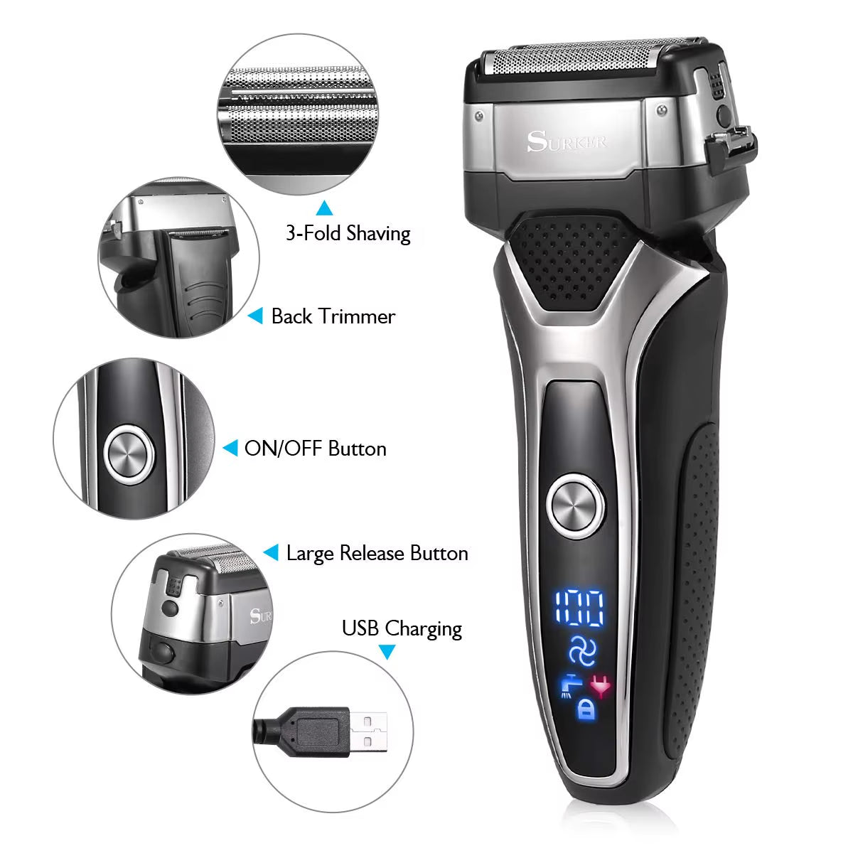 Turbo Powerful Wet Dry Electric Shaver Rechargeable Foil Face Body Shaver Beard Electric Razor for Men Hair Shaving Machine Set