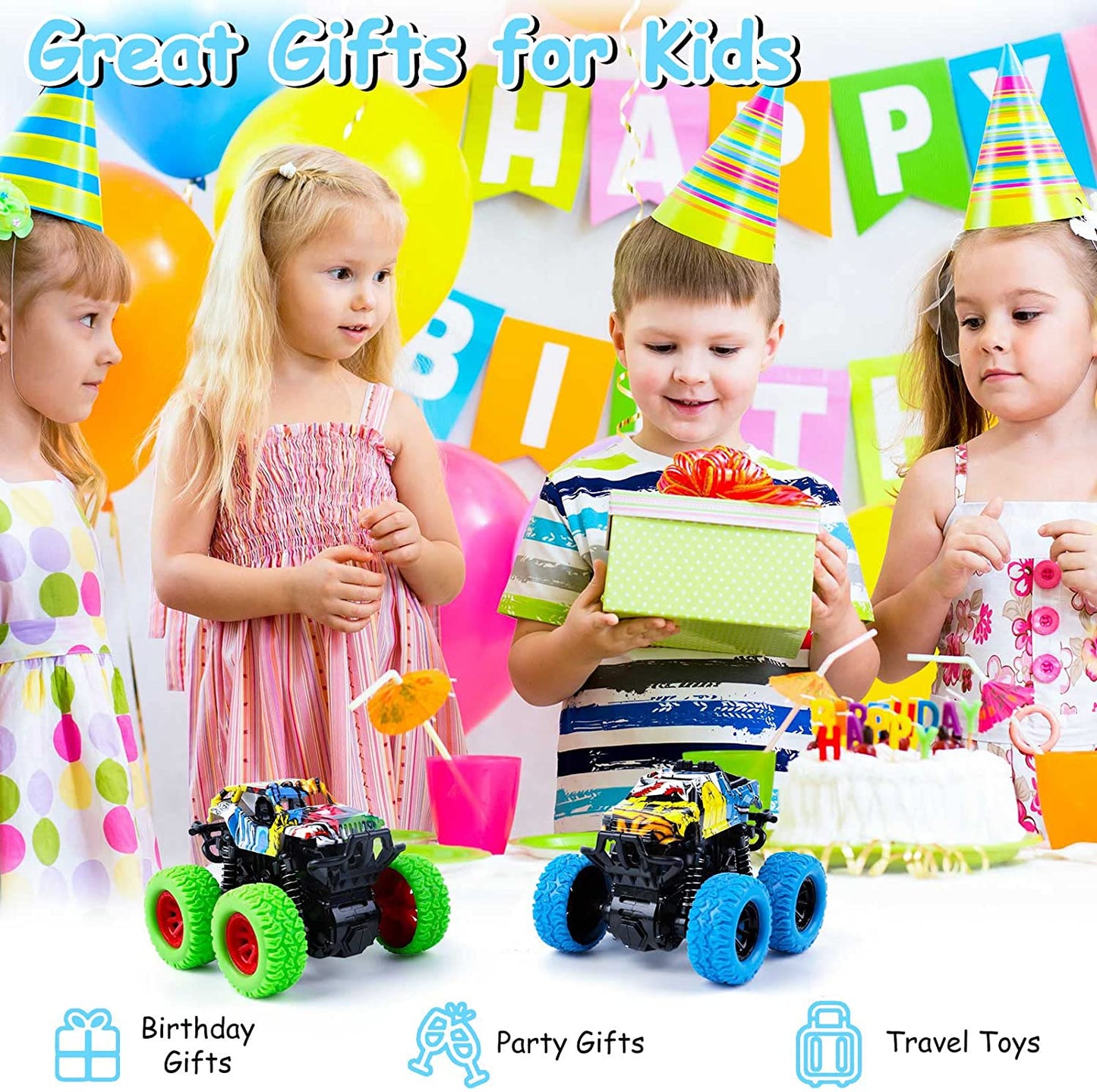 Monster Truck Toys for Ages 2-4, Friction Cars for Toddlers 1-3 Push and Go 360° Rotating Stunt Car for 2+ Year Old Boys Girls Gifts (2 Pack - Blue and Green)