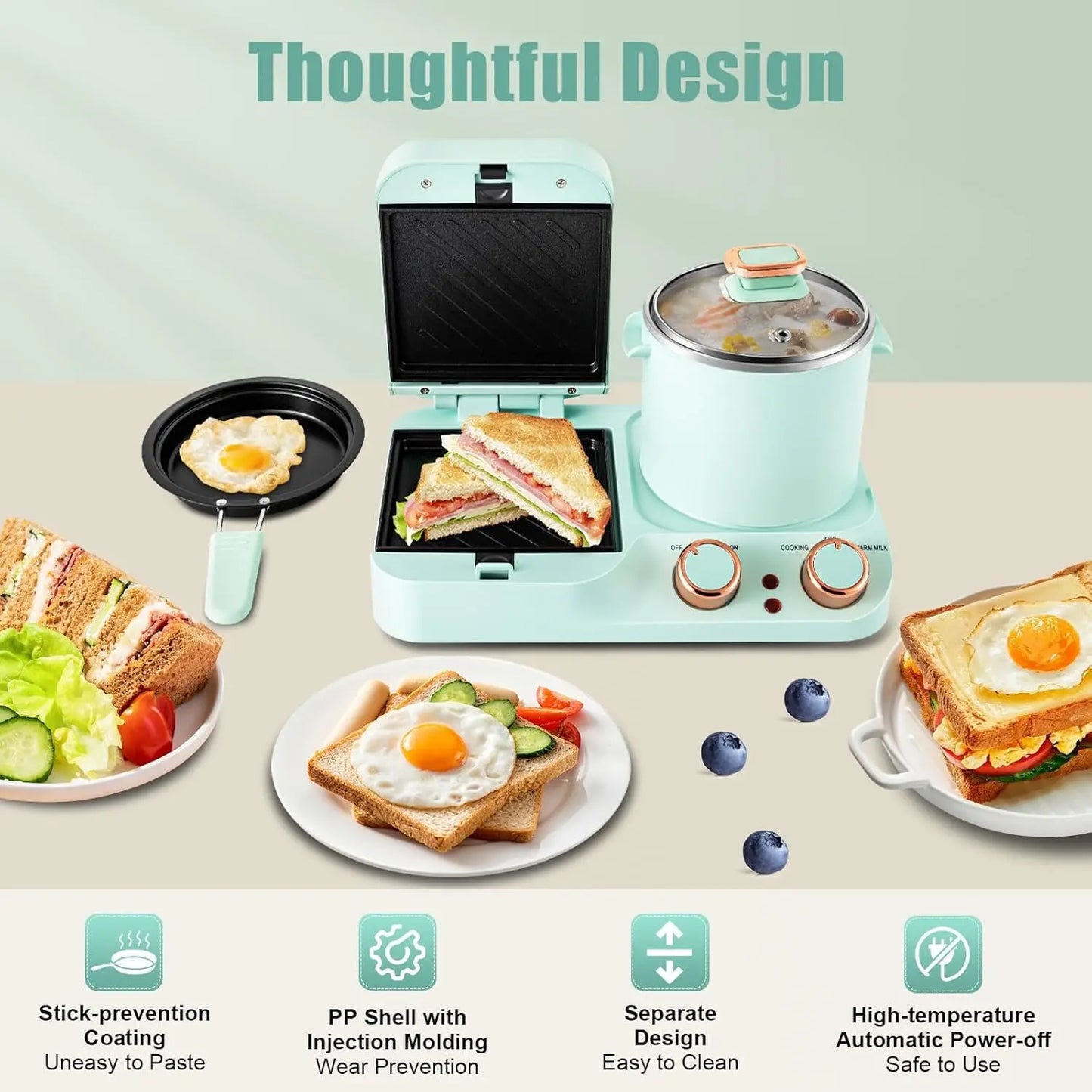 3-in-1 Breakfast Station, Household Breakfast Maker with Electric Mini Toaster, Breakfast Sandwich Maker with Frying Pan, Boilin