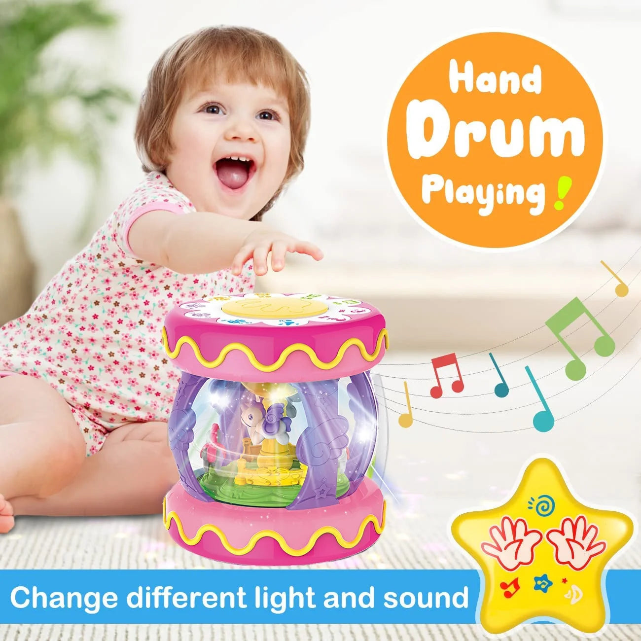 Baby Toys 6-12 Months,Rotating Light up Musical Drum Toys for Kids 1 Year Old Christmas Gifts