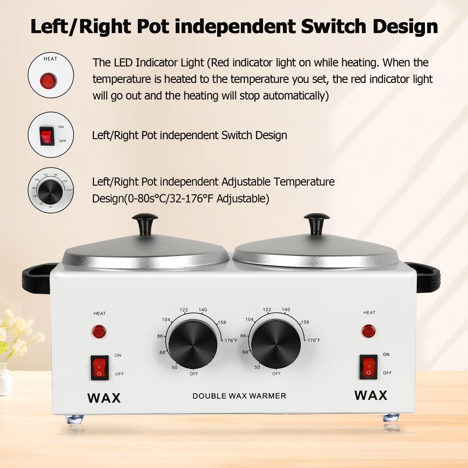 Double Wax Warmer for Hair Removal, Waxing Kit for Women & Men, Hard Wax Kit Wax Machine for Hair Removal Dual Wax Pot Warmer Professional Adjustable Temp Waxing Kit for Full Body, Facial, Home, Salon