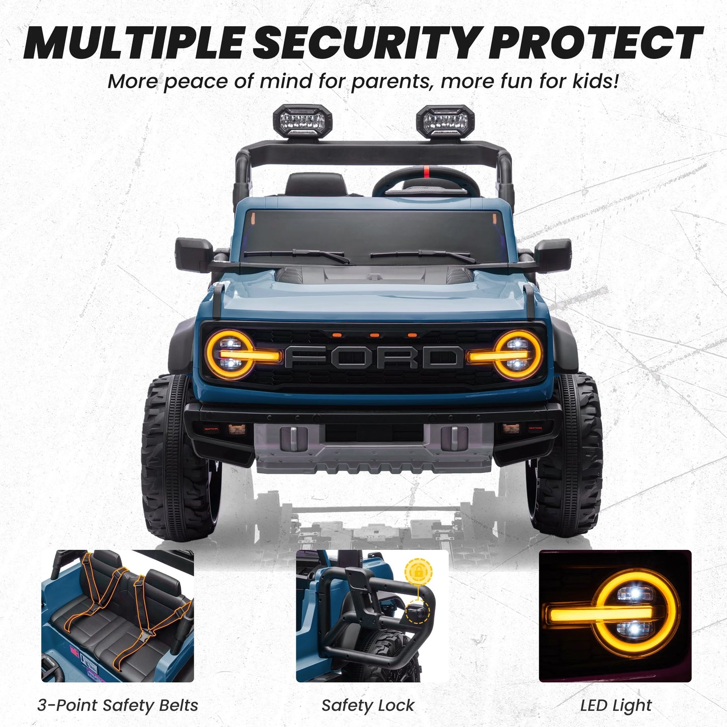 24V 2 Seater Ride on Cars for Big Kids, Licensed Ford Bronco Raptor Powered Ride on Truck with Remote Control, Spring Suspension, Bluetooth, LED Light, Ride on Toy for Ages 3-8 Boys Girls Gifts, Blue