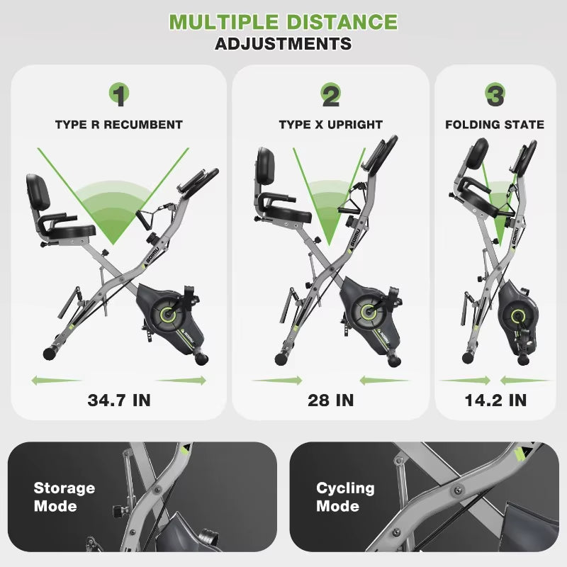 Exercise Bike, 5 in 1 Foldable Stationary Bike for Seniors, 8-Level Adjustable Magentic Resistance, Indoor Recumbent Bike