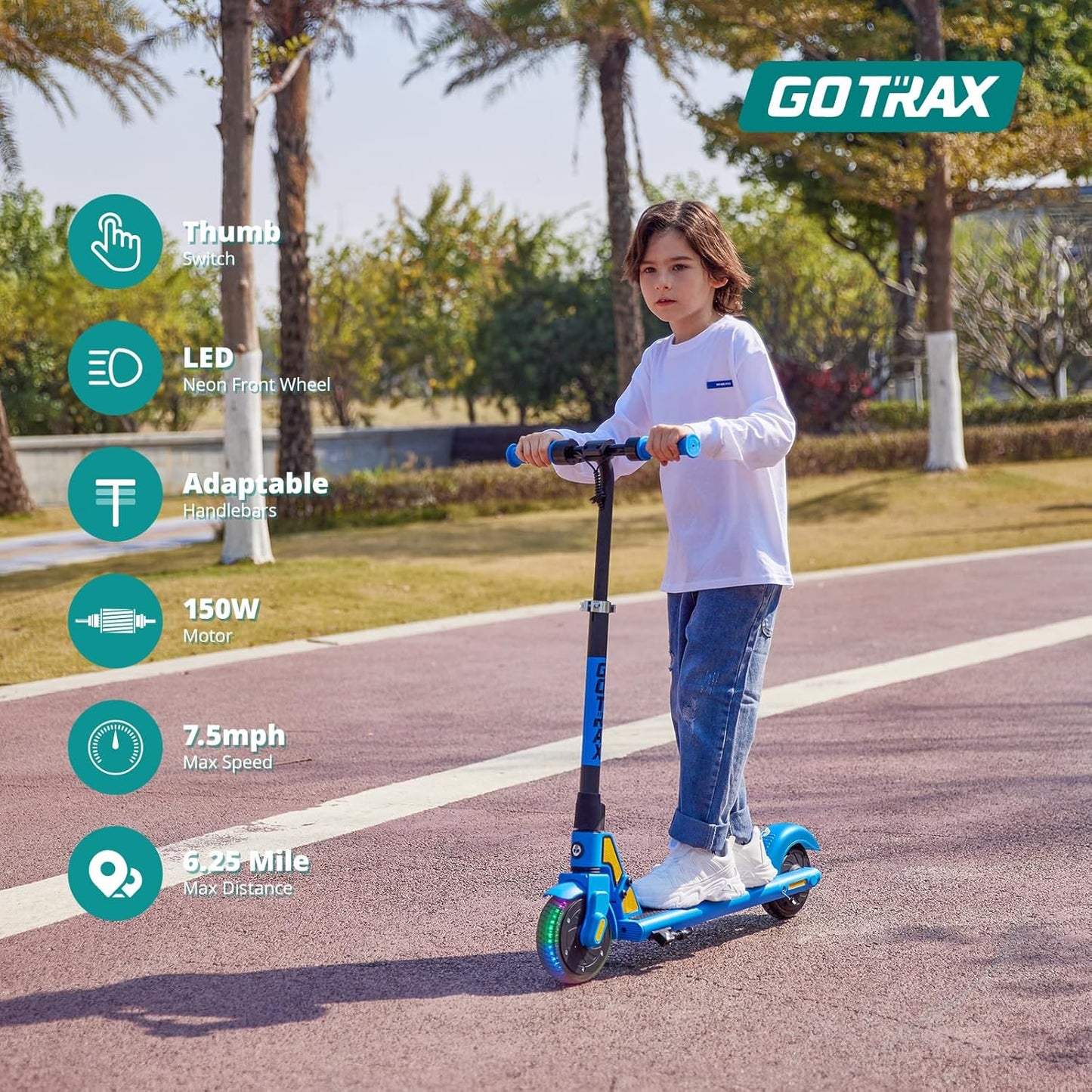 GKS Lumios Electric Scooter for Kids 6-12, Thumb-Button Control, 150W Motor and 6" LED Front Wheel Kick Scooter, up to 6.25 Miles and 7.5Mph, UL Certified Kids Electric Scooter
