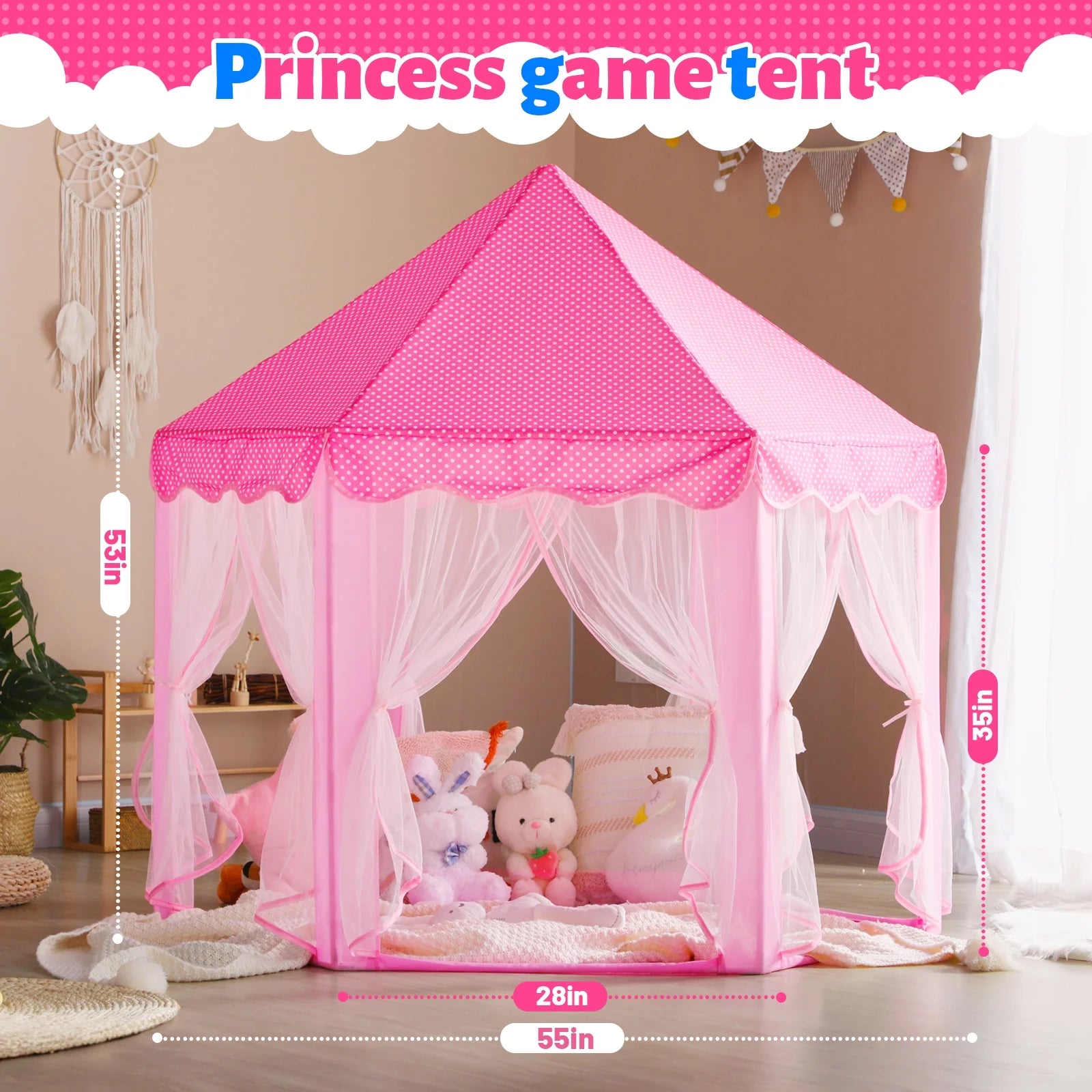 Princess Castle Kids Play Tent Toys for 3-12 Years Indoor Girls Hexagon Playhouse with Star Lights