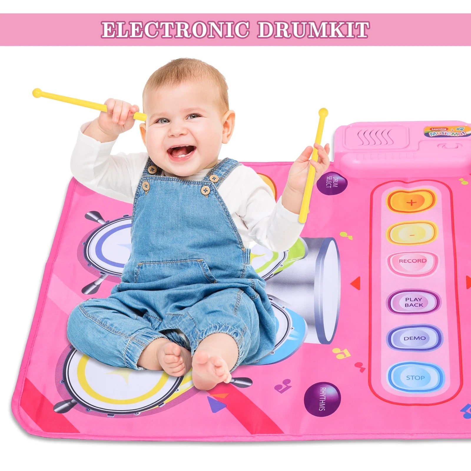2 in 1 Piano Mat Montessori Toys for 1 Year Old Boys & Girls, Toddler Piano & Drum Mat with 2 Sticks, Learning Floor Blanket, Educational Musical Toy Gifts for Boys Girls, Age 1+, Pink